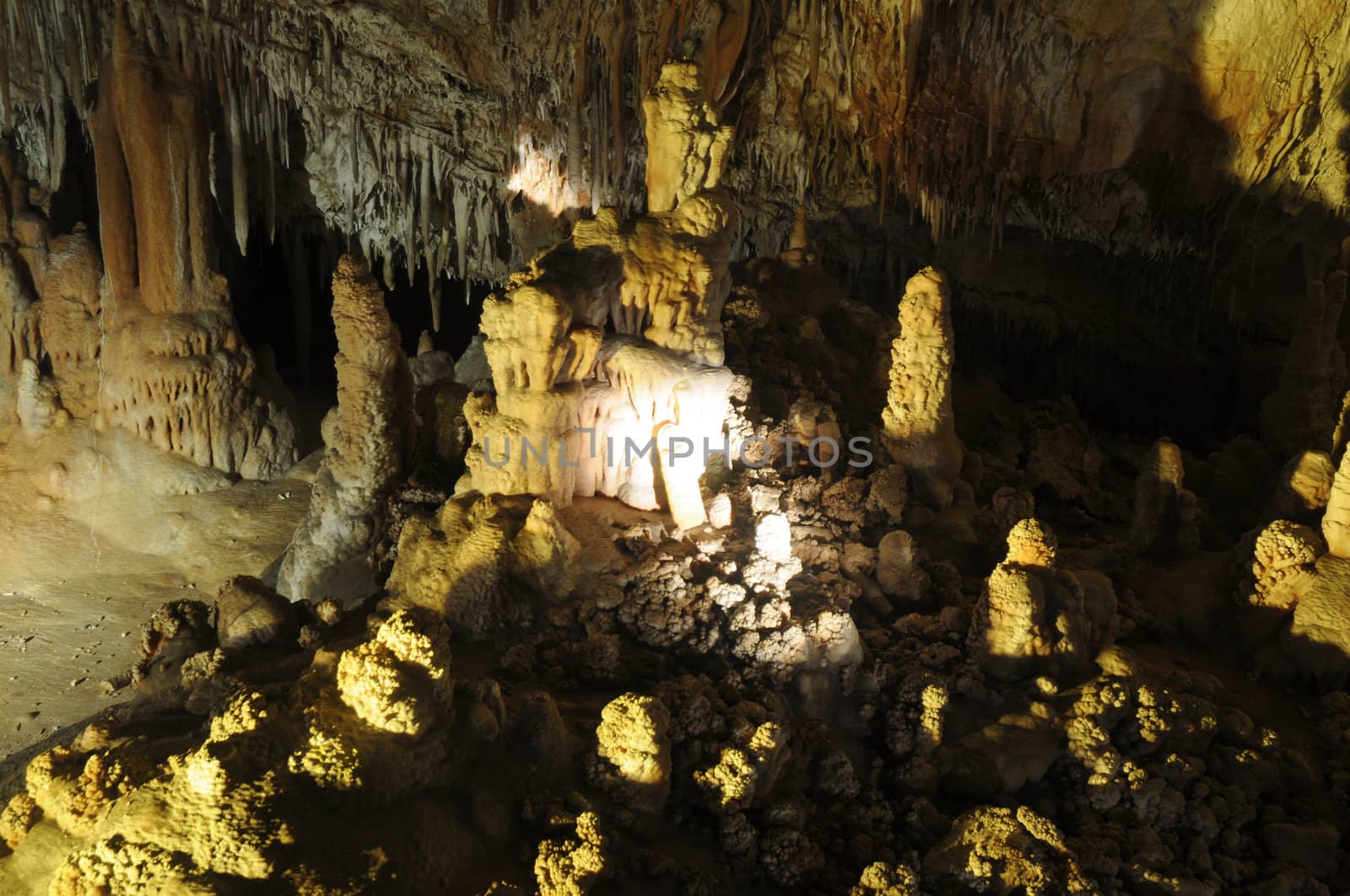 Image of the inside of a cave , details with stalactites .Israel .