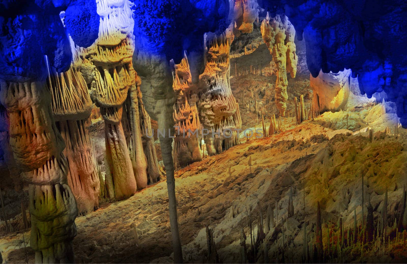 Image of the inside of a cave , details with stalactites .Israel .