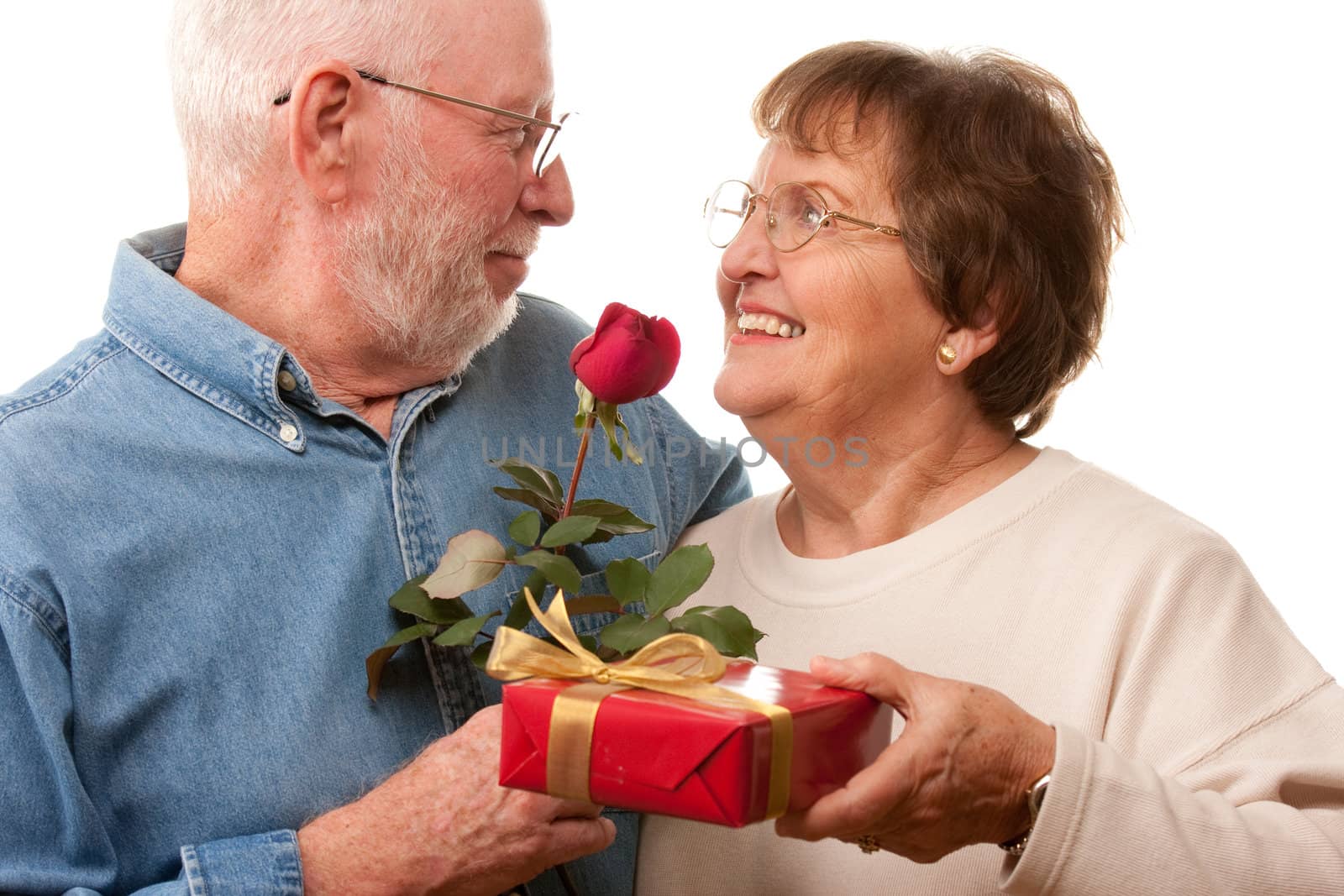 Happy Senior Couple with Gift and Red Rose Isolated on a White Background.