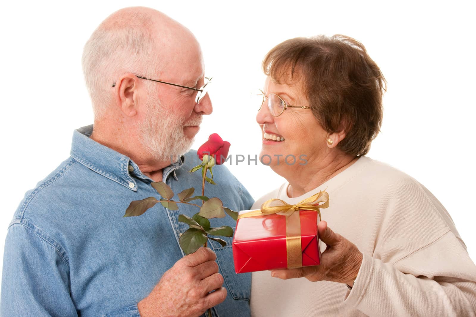 Happy Senior Couple with Gift and Red Rose by Feverpitched
