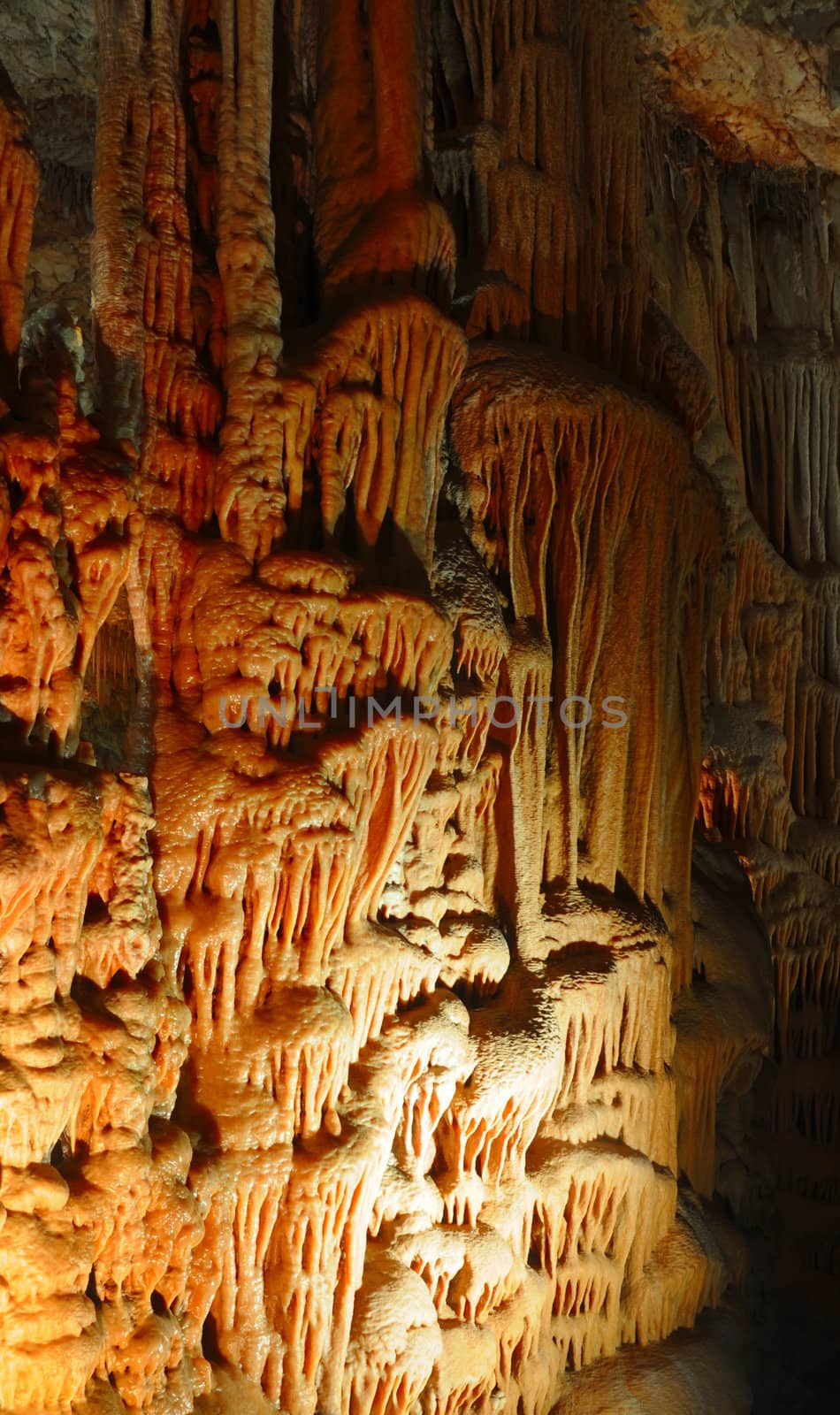 Image of the inside of a cave , details with stalactites .Israel .