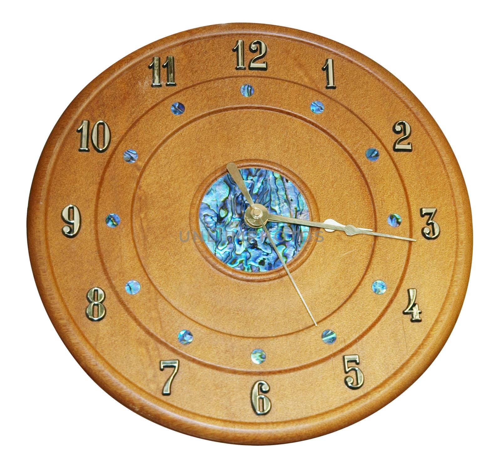 Wooden Clock with Paua Inlay isolated with clipping path