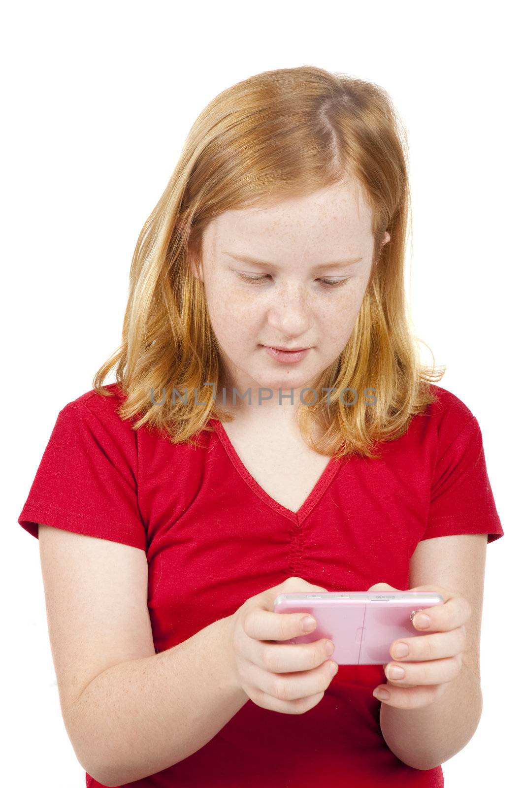 little girl is text messaging on a pink phone by ladyminnie