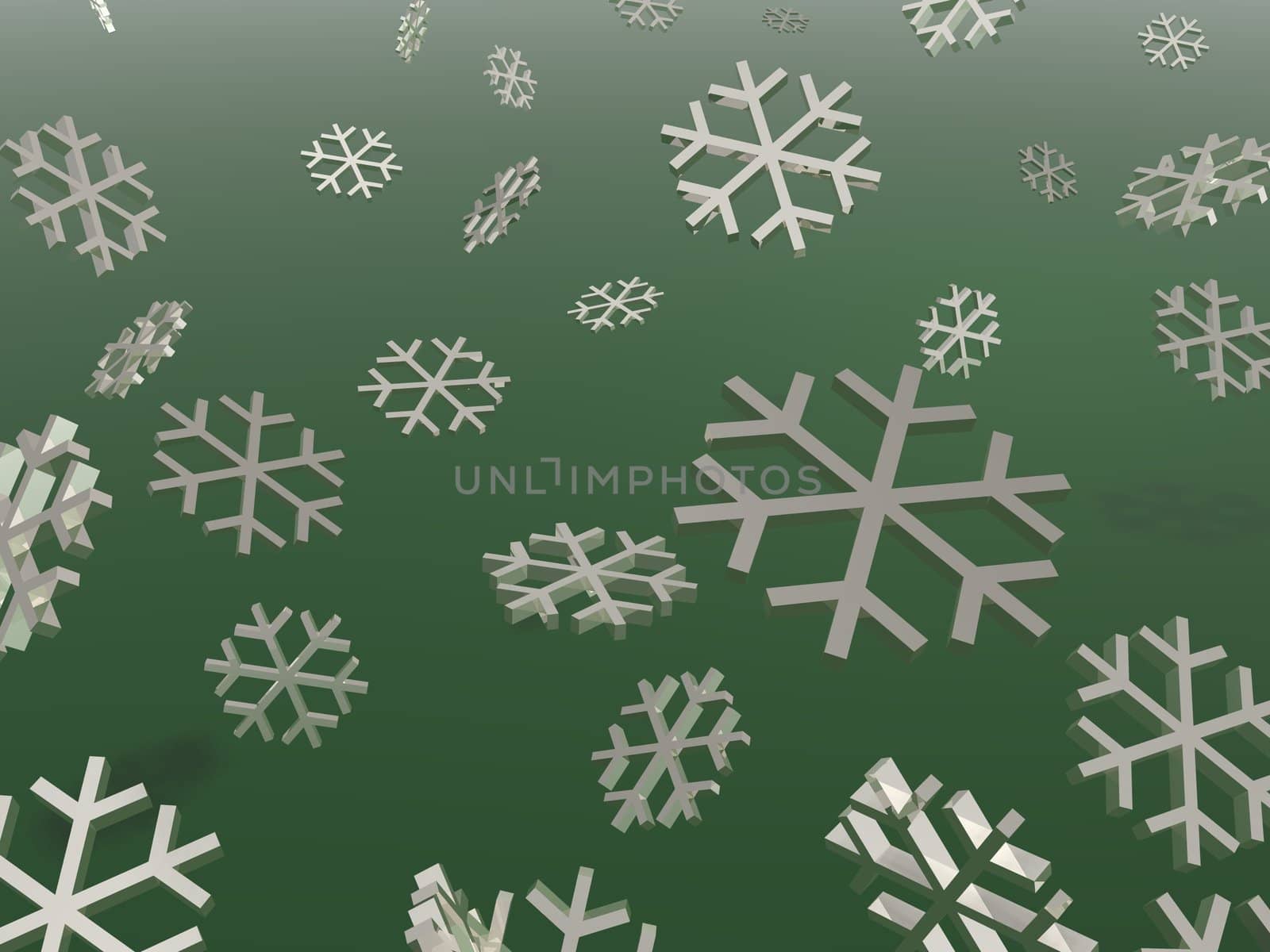 Chrome snowflakes over a green background