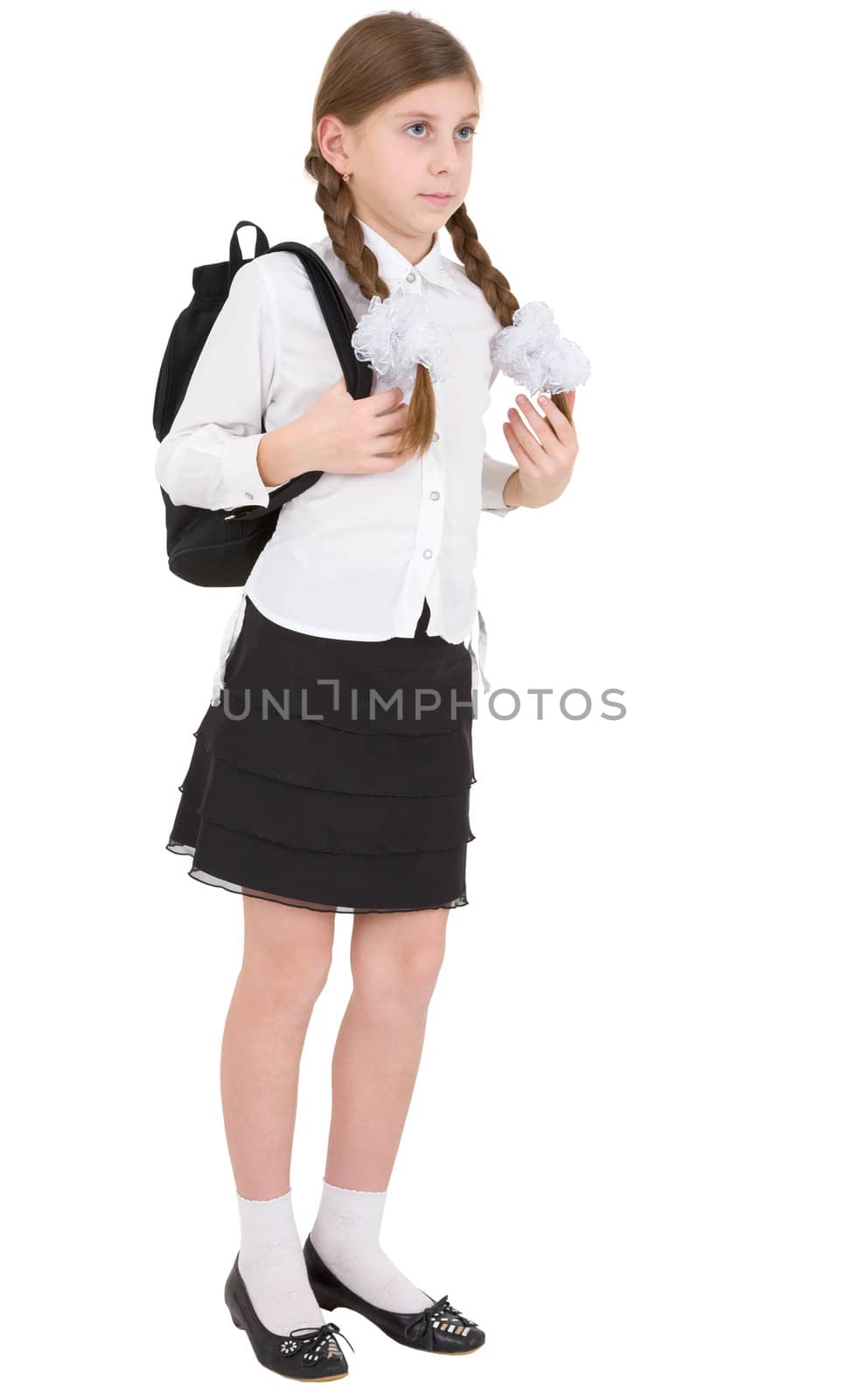 Schoolgirl with black satchel on the white background