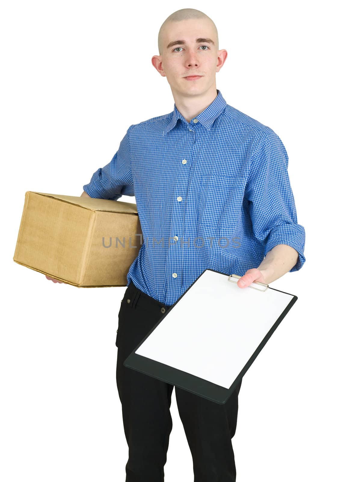 Man with cardboard and tablet in hand