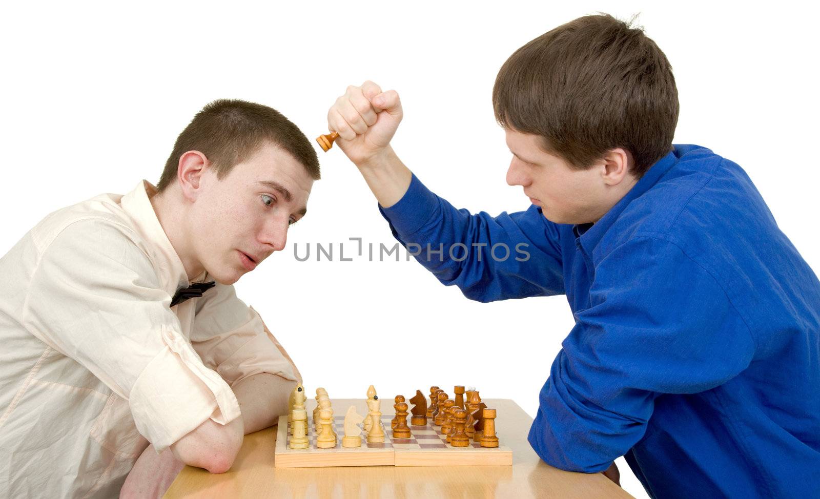 Men play chess and fight with each other 