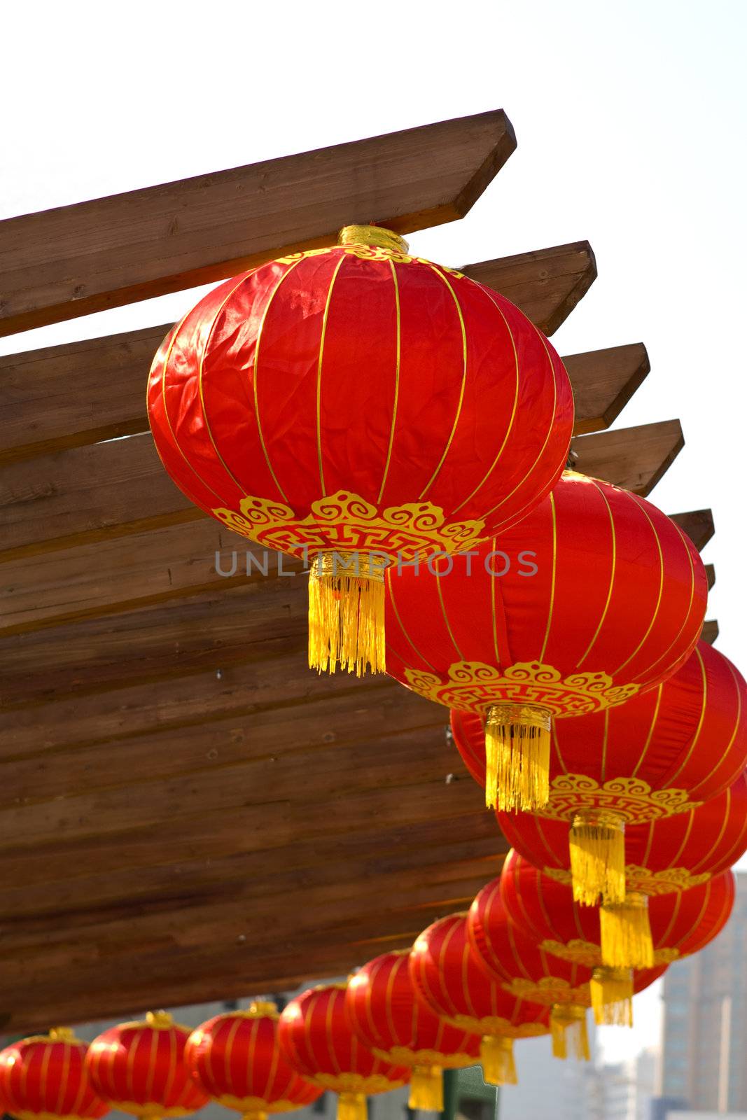 Chinese lanterns in circle as decorations for the Chinese New Year in Beijing China