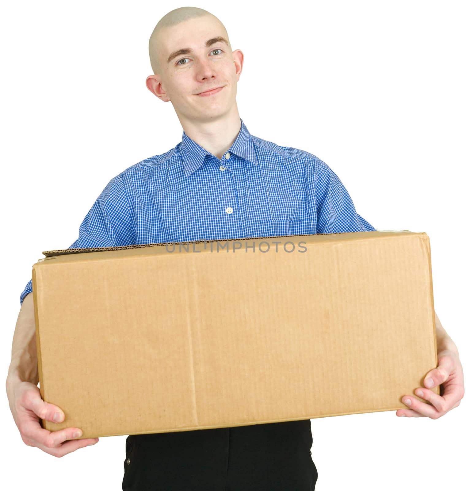 Man holding brown heavy cardboard box on a white