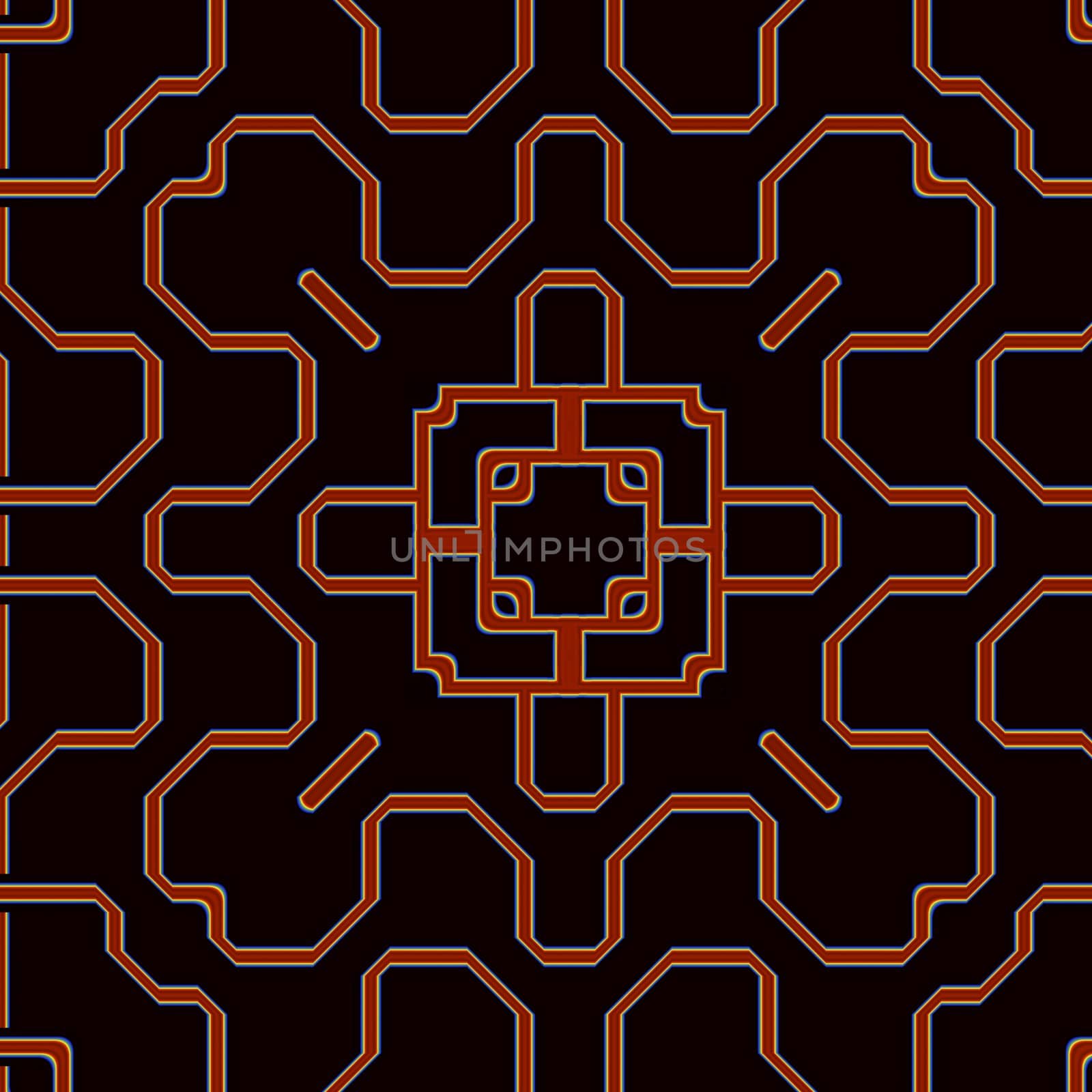 An abstract illustrated tile pattern done in red and black.