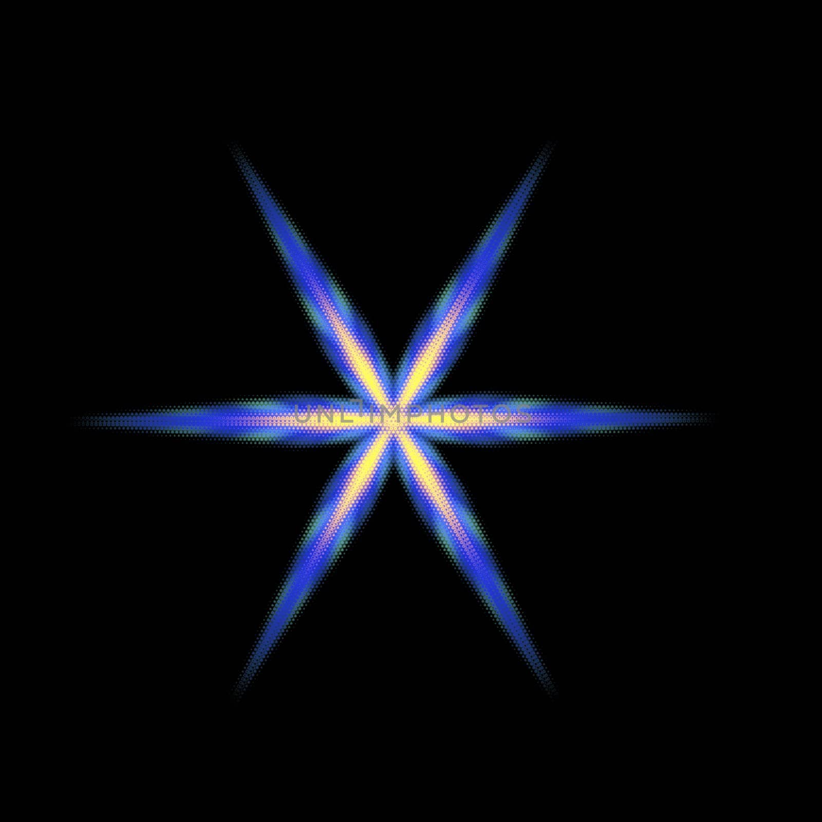 An abstract illustrated six armed star done in blue and yellow on a black background. It has a overlay pattern of interlocking hexagons.