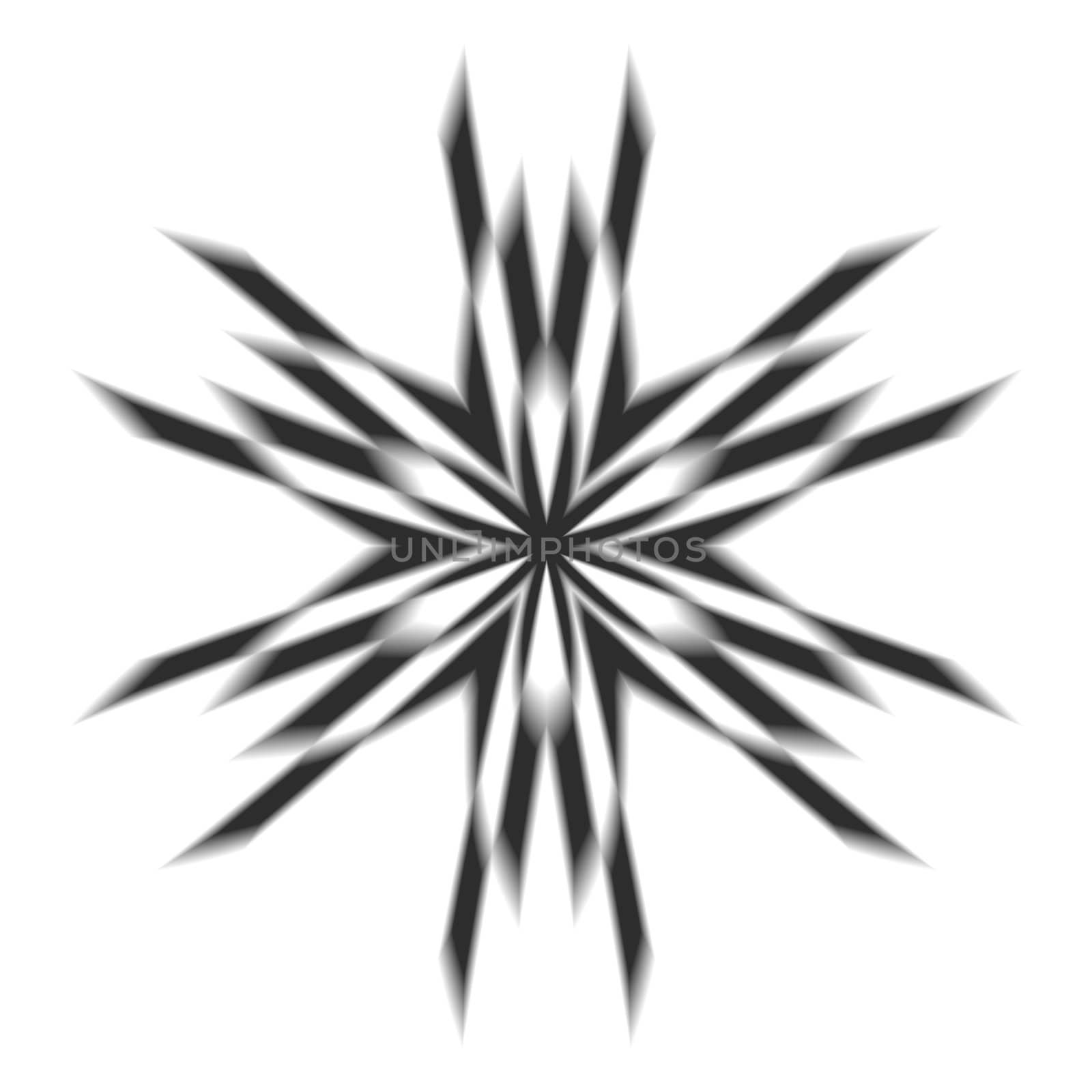 A six sided star done in shades of black, gray on a white background.