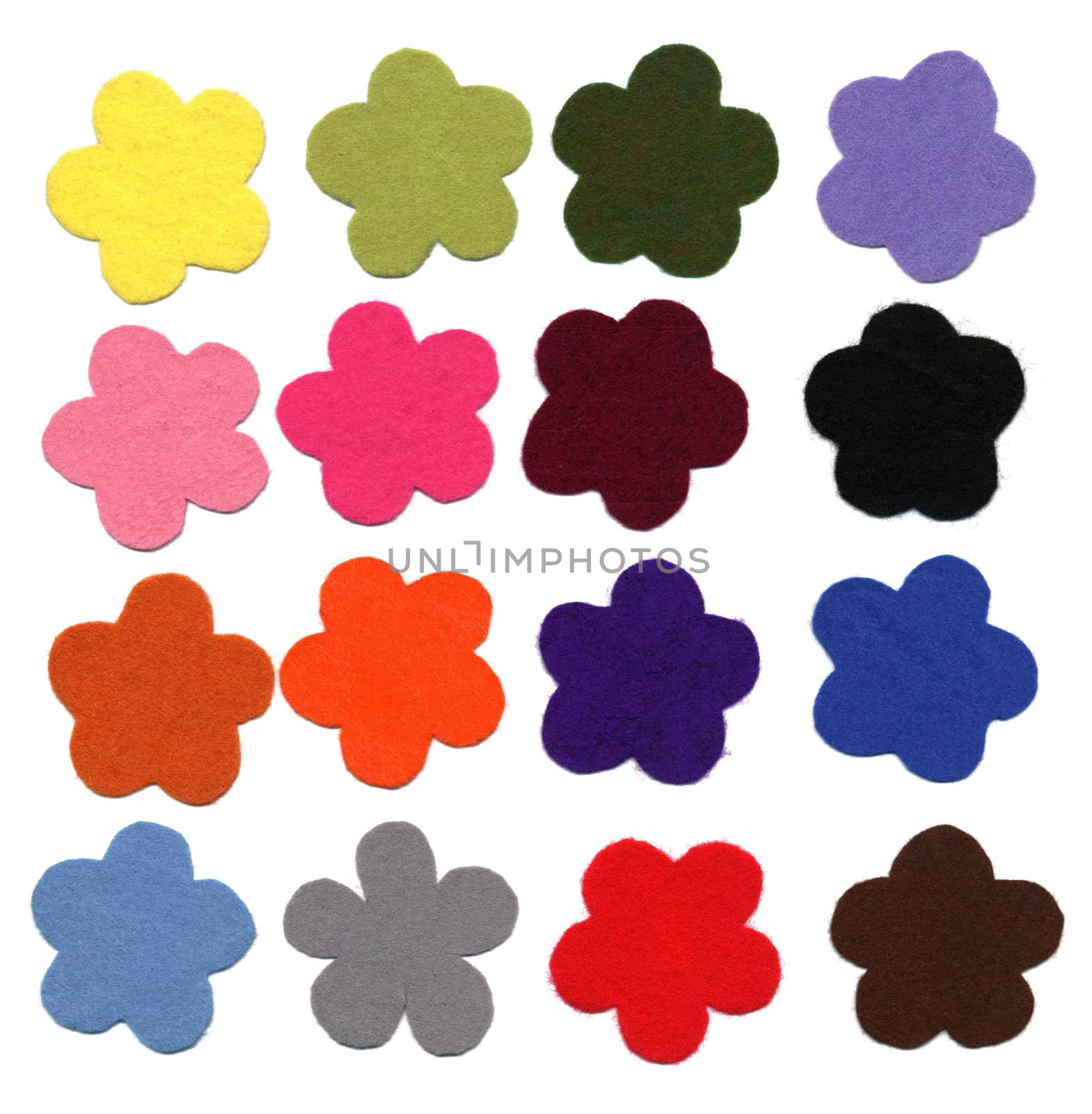 Flower color felt samples isolated on white background.