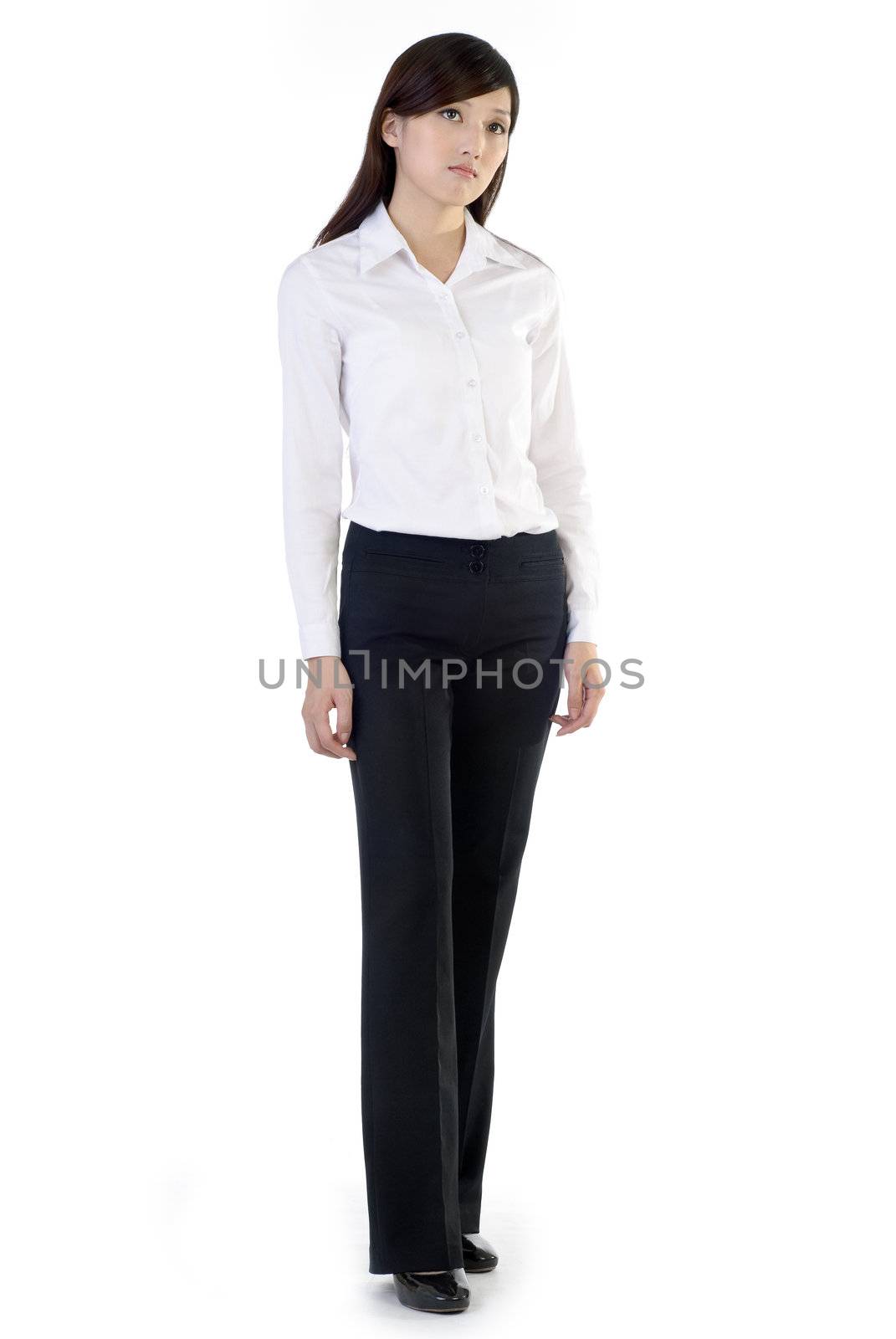 Full length portrait of business woman isolated on white background.