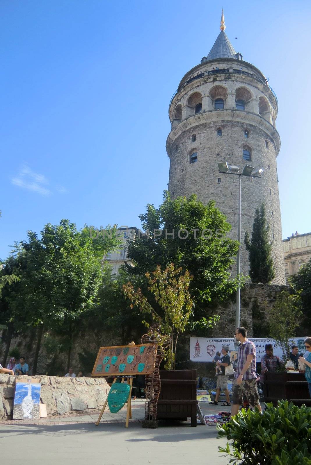 a historic tower which is a place of interest in Turkey. Galata-tower against blue sky