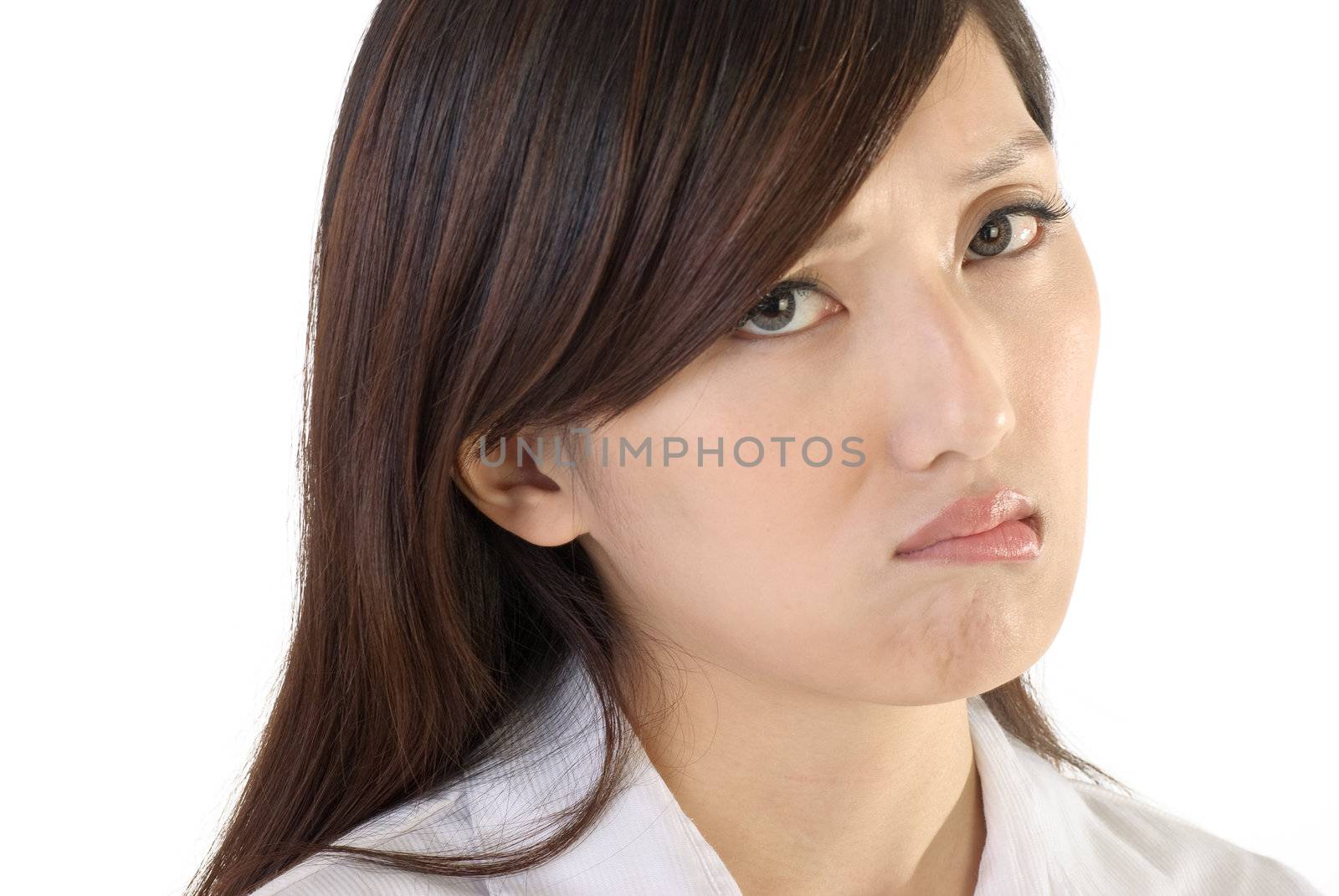 Worried business woman face and expression, closeup portrait of office lady on white background.