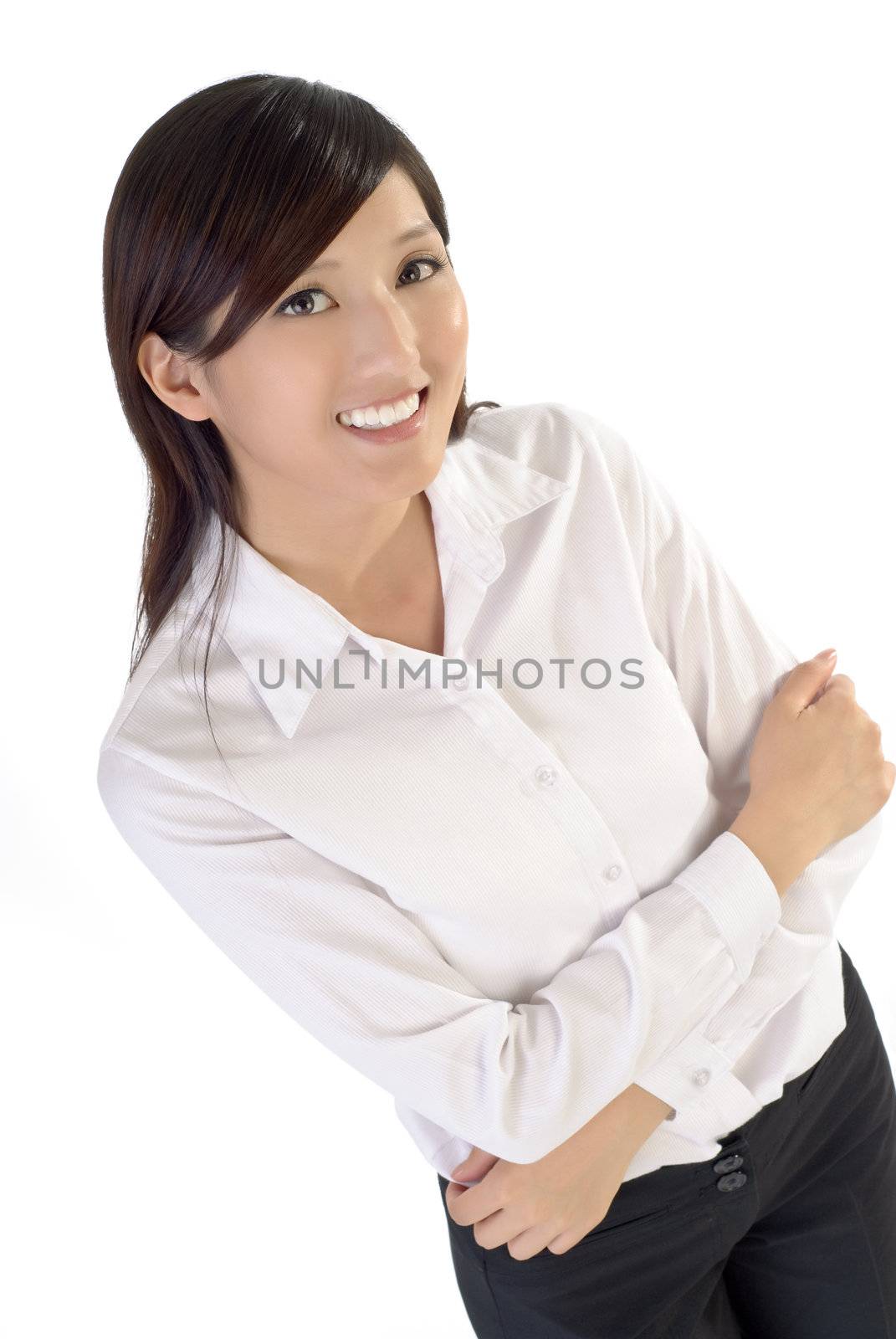 Happy smiling businesswoman, closeup portrait of oriental office lady on white background.