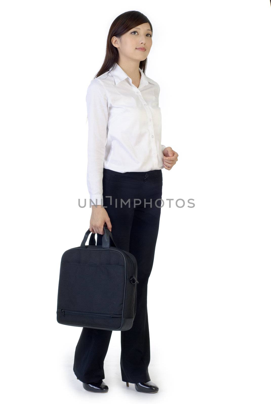 Business woman with briefcase, full length portrait of oriental office lady isolated on white background.