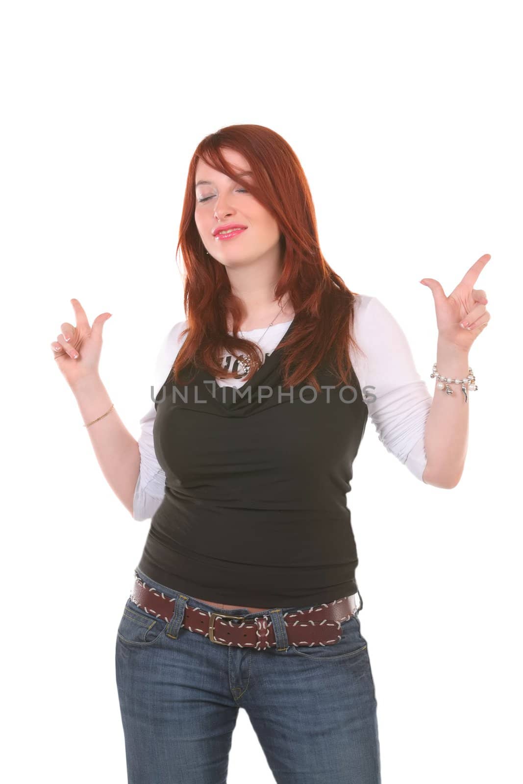 Dancing smiling girl on white background