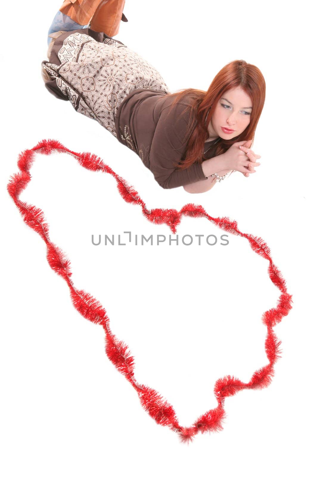 girl dreaming about love, on white background, with copy-space
