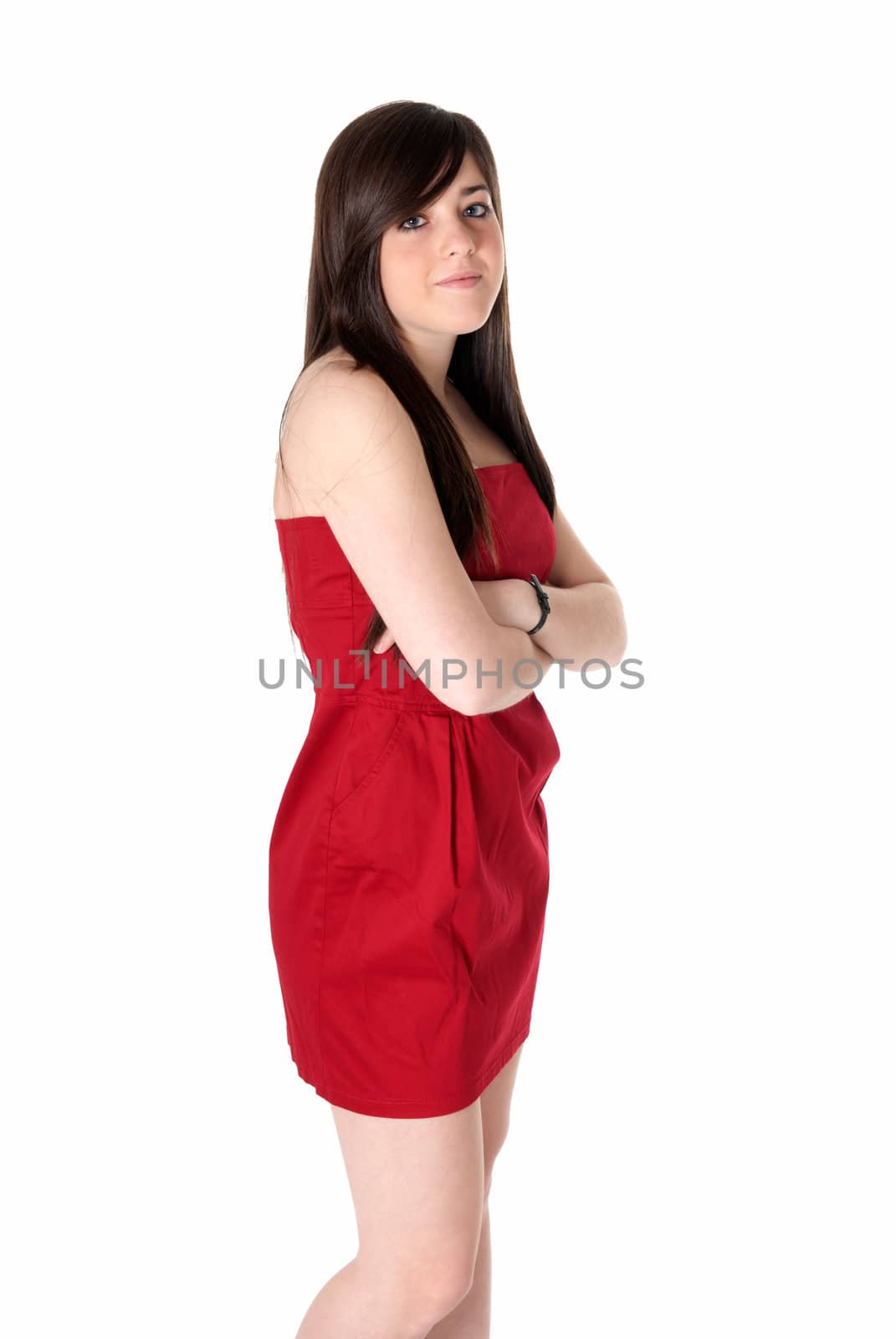 Young beautiful girl with red dress standing isolated on white background. by dgmata