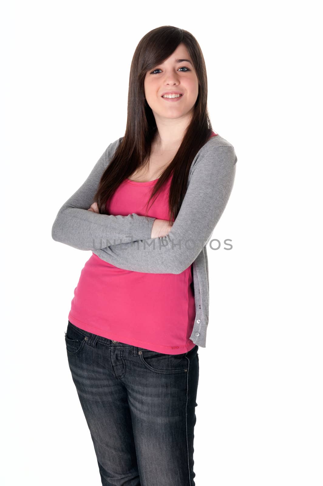 Young female cheerful with arms crossed isolated on white background. 
