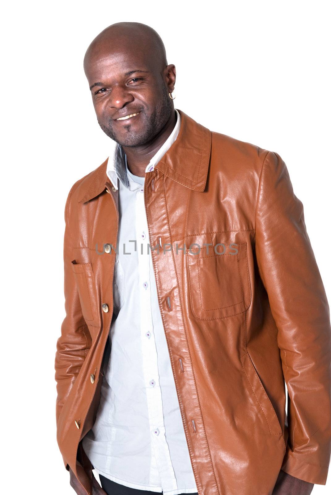 Handsome black man with leather jacket smiling isolated on white background.