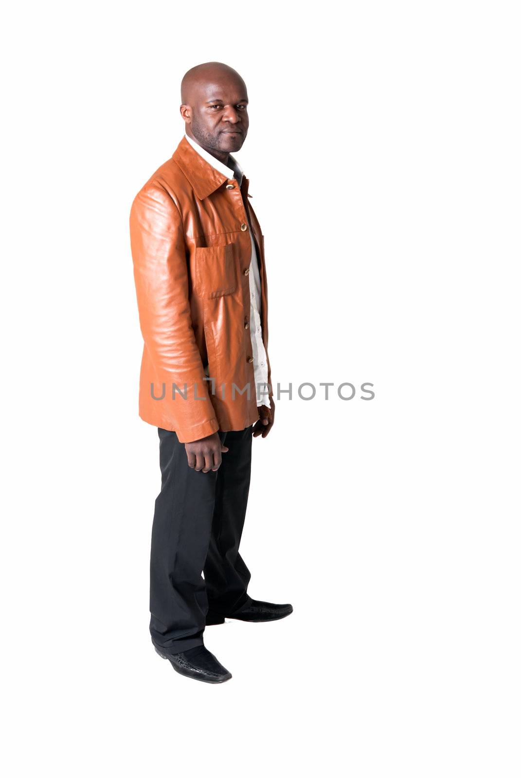 Handsome black man with leather jacket smiling isolated on white background. 