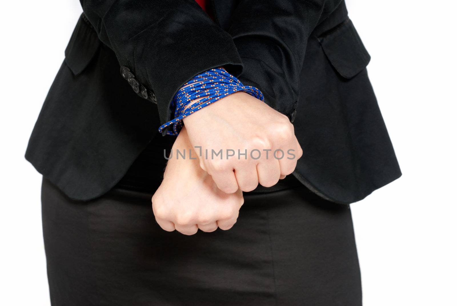 Businesswoman hands tied, job slave concept, isolated on white background by dgmata
