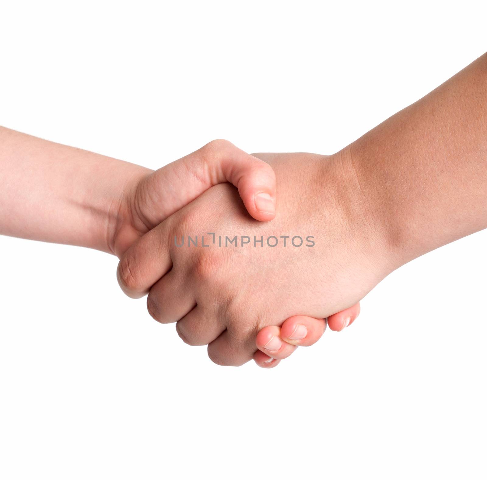 Man and woman handshake isolated on white background