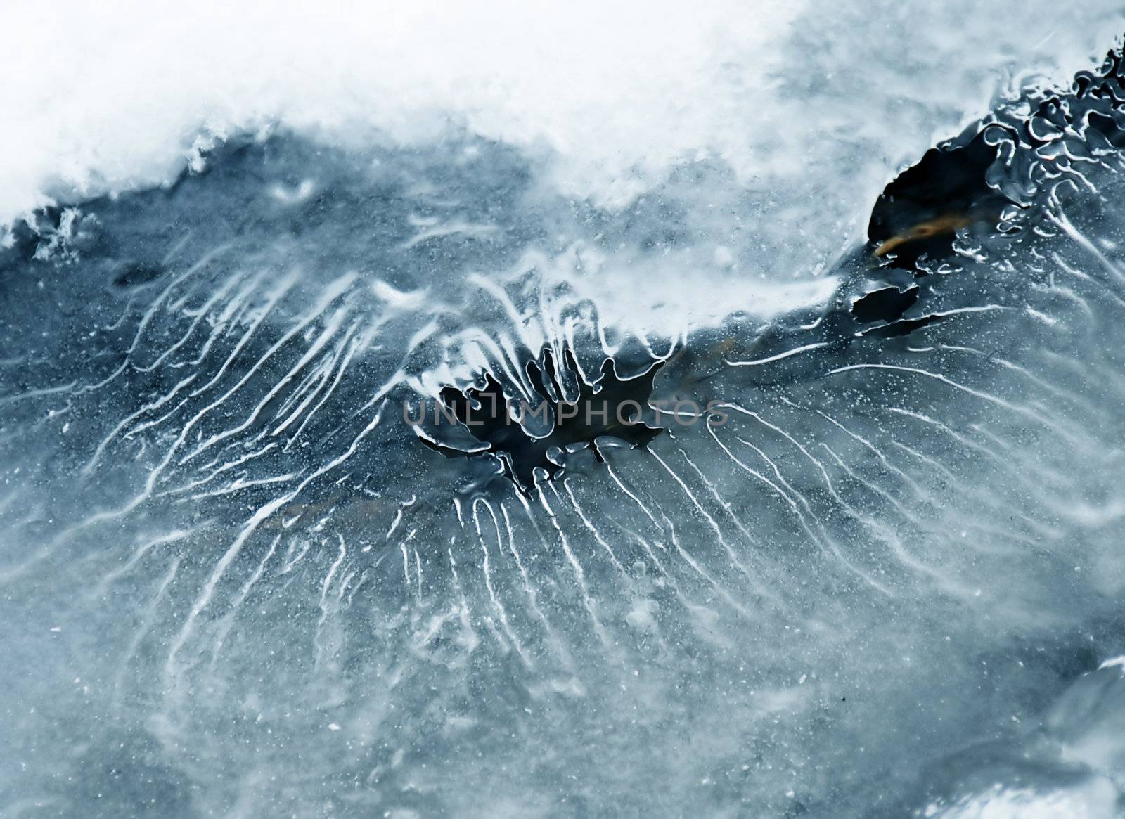 ice crystals over flowing winter stream closeup