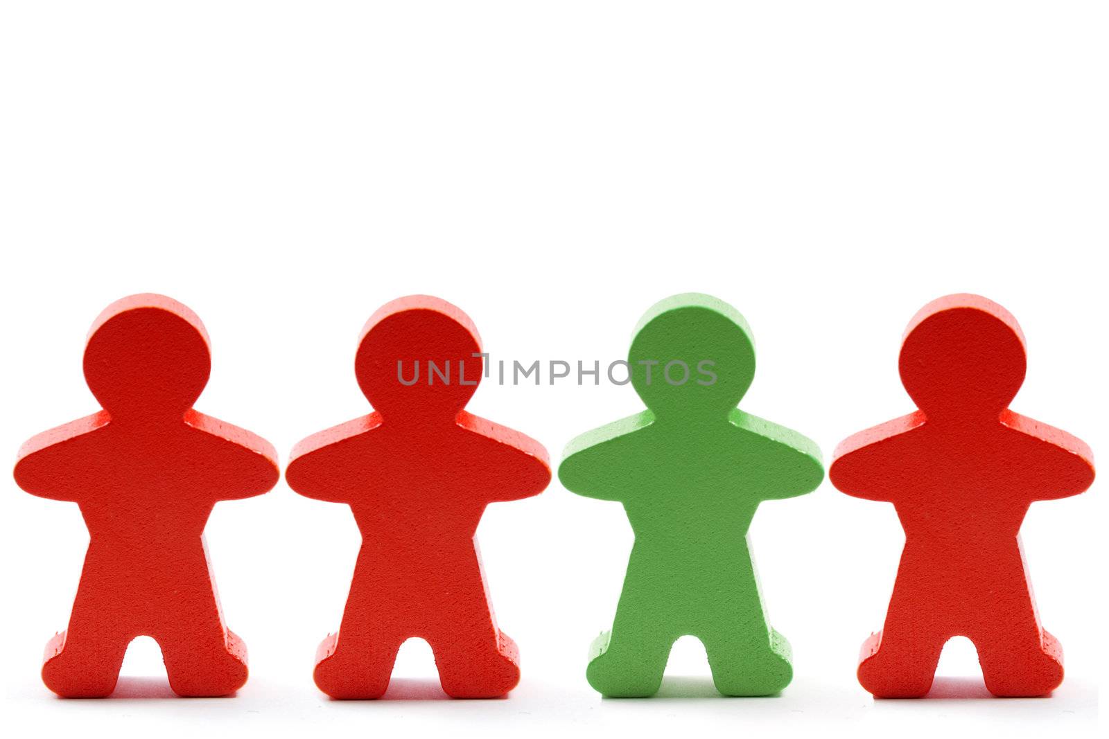 Wooden green and orange people isolated on white.