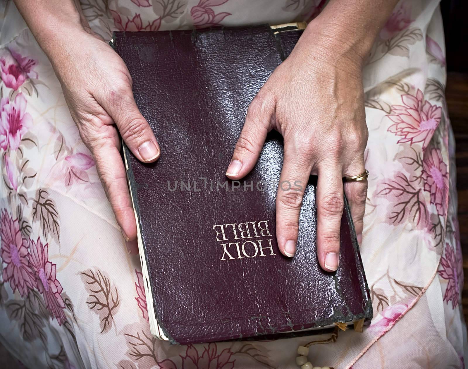 woman holding a Bible in her lap by StephanieFrey