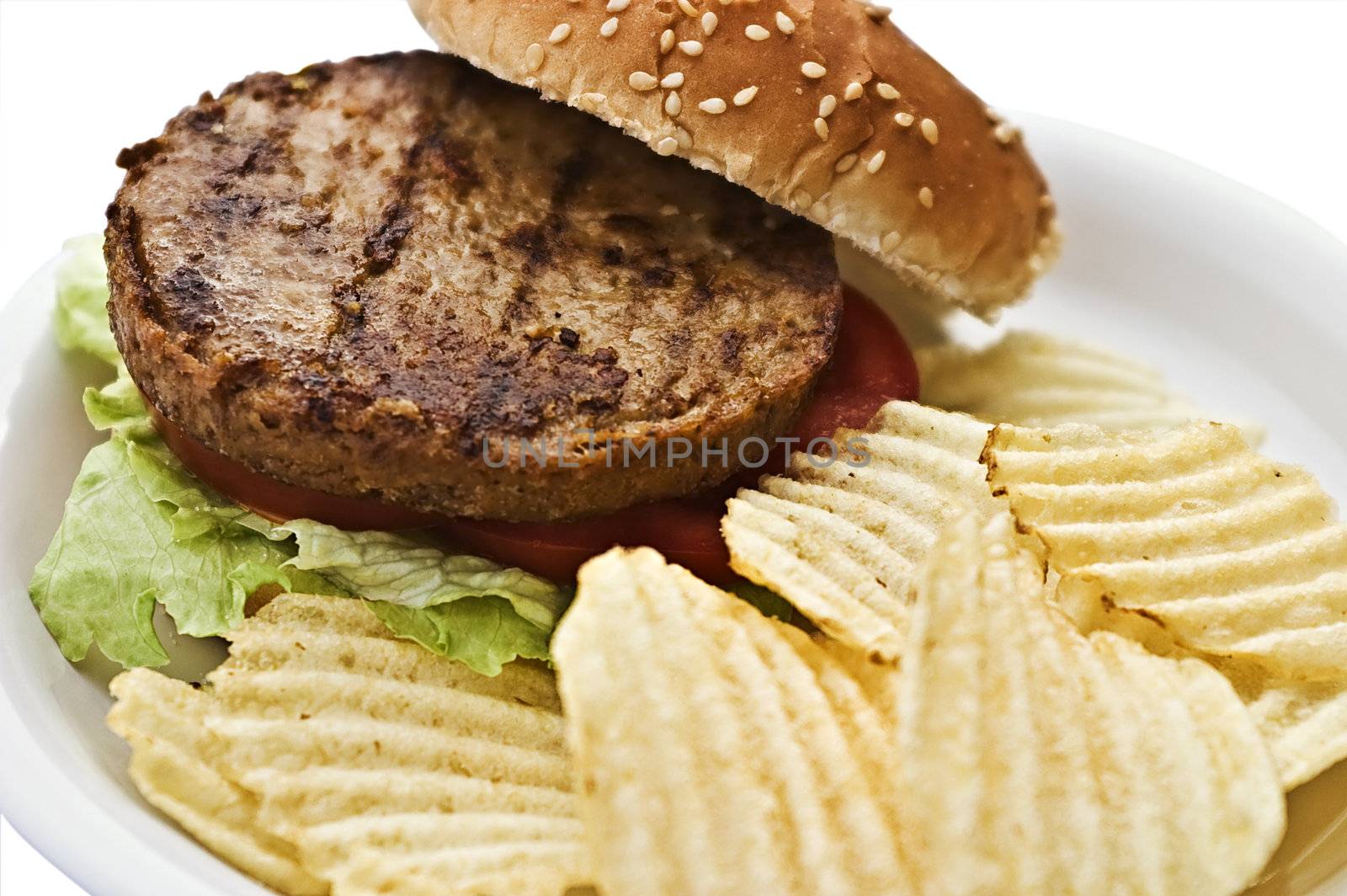 Vegetarian burger with chips on a styrofoam plate. Isolated on a white background