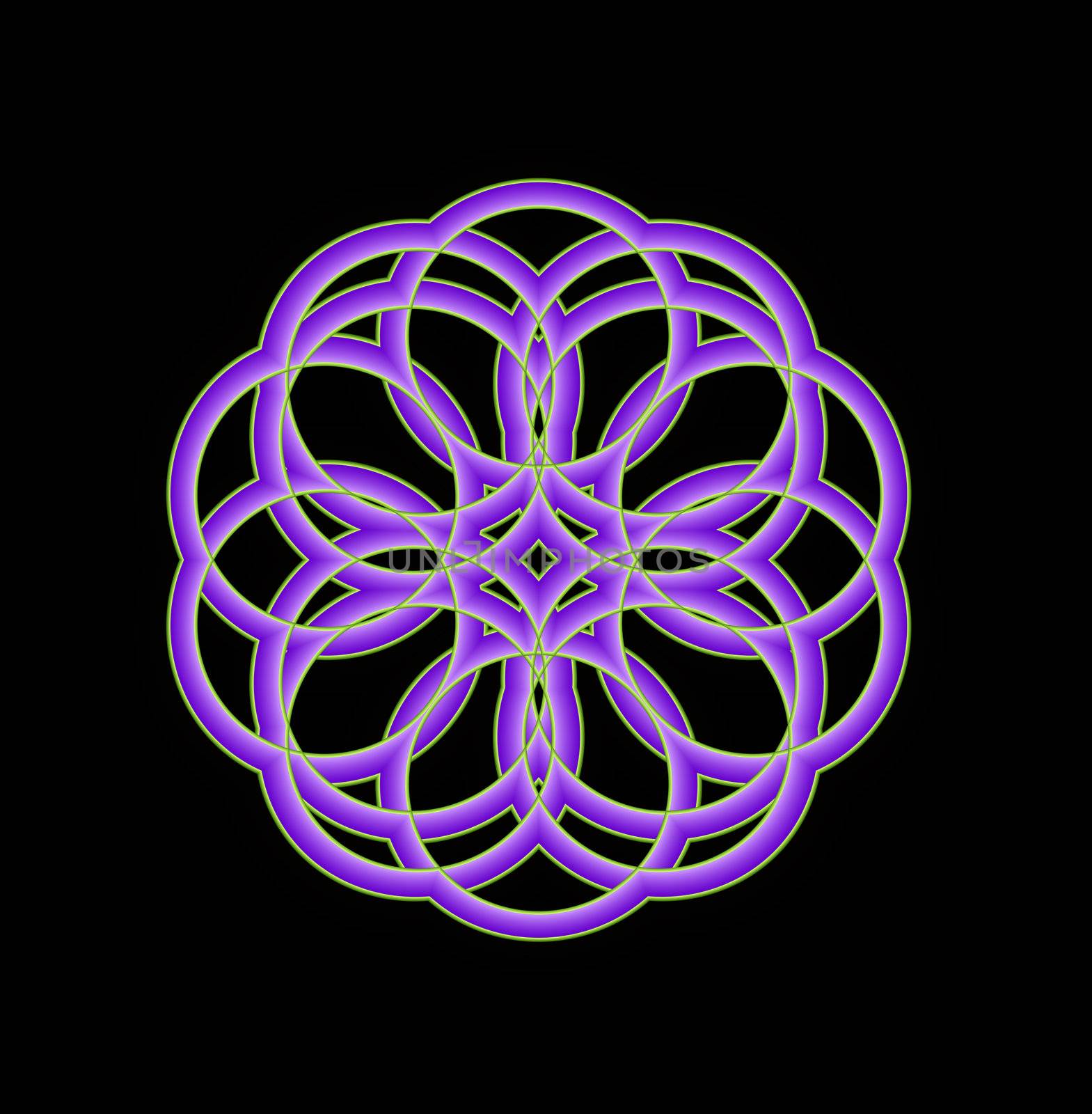 An abstract illustrated mandala shaped fractal that is composed of interlocking circles.