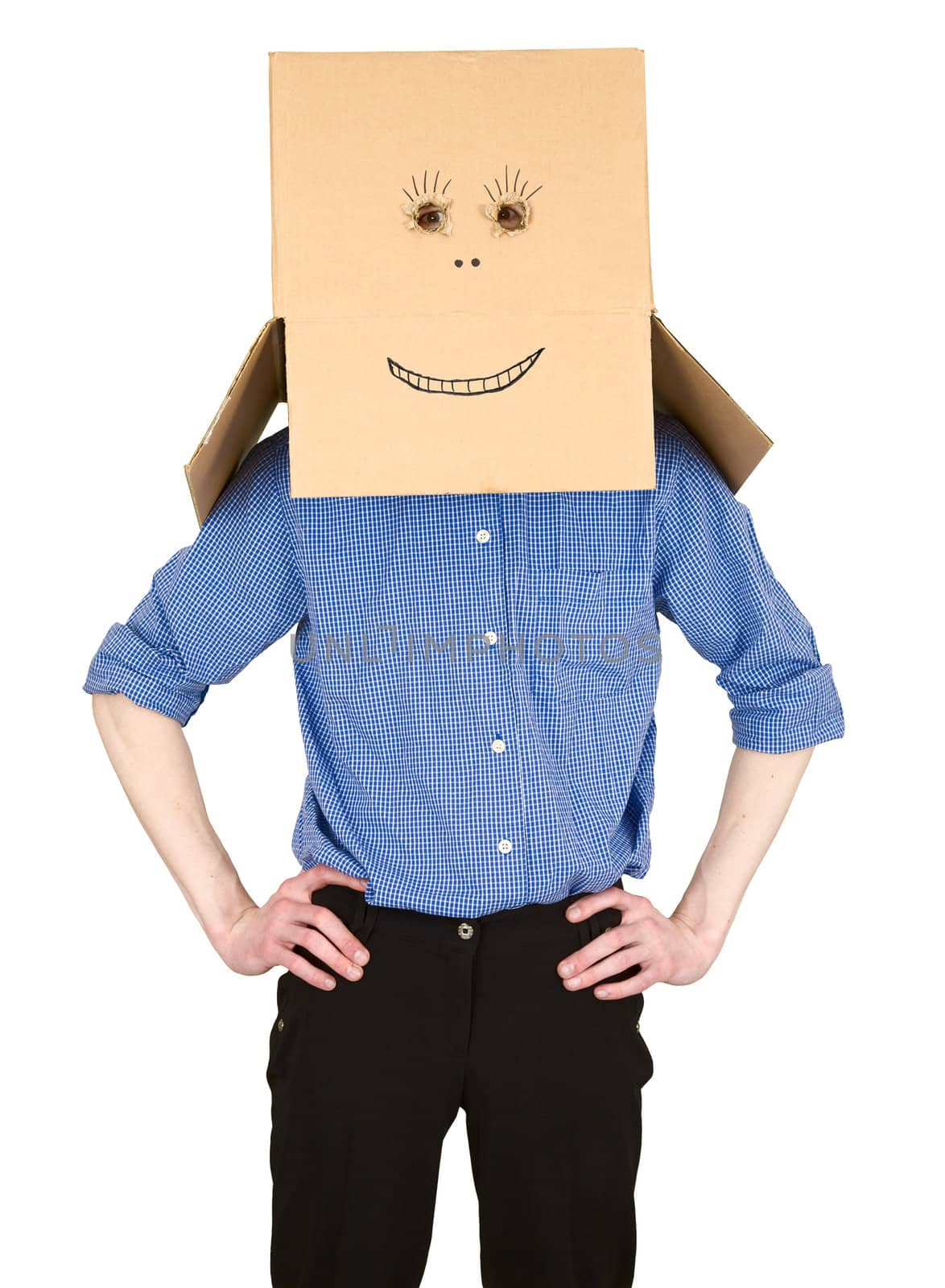 Man with cardboard box on head on white