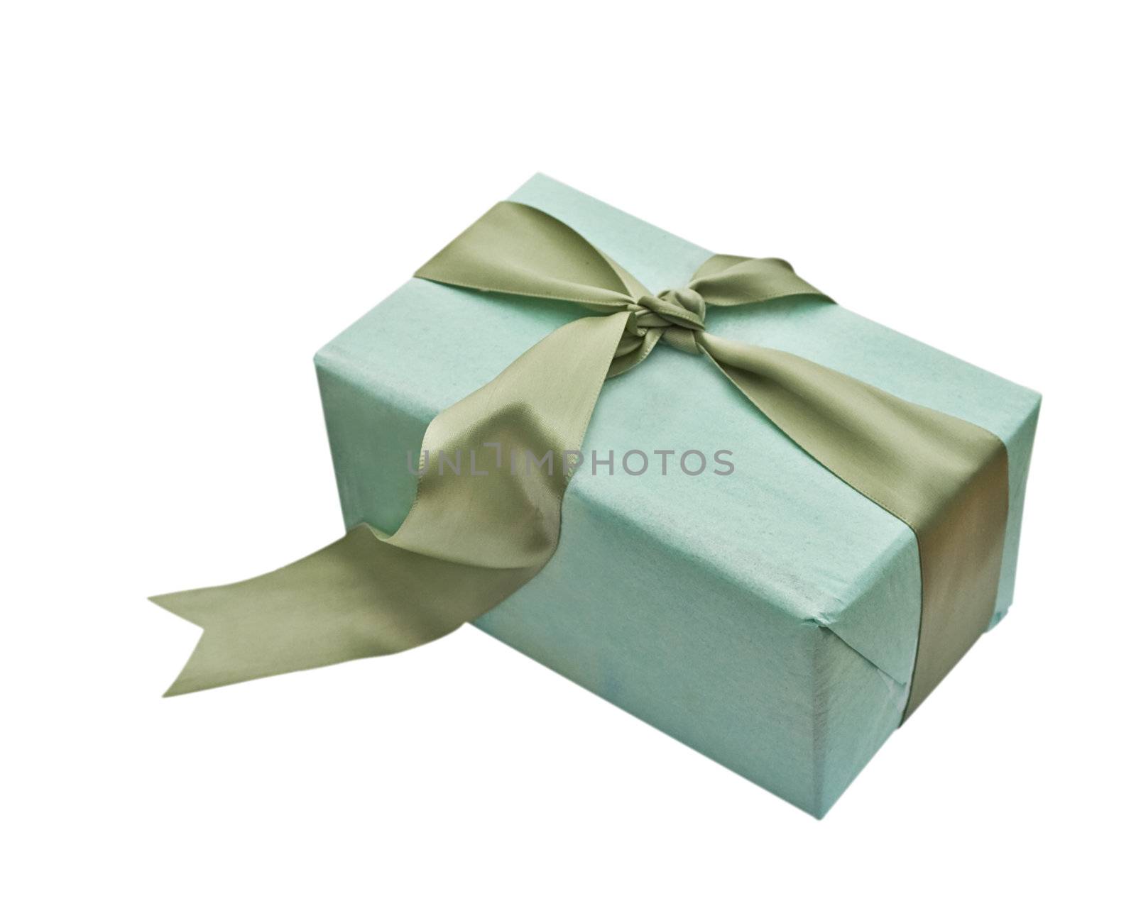 Gift box wrapped with wrapping tissue and a satin bow isolated on a white background
