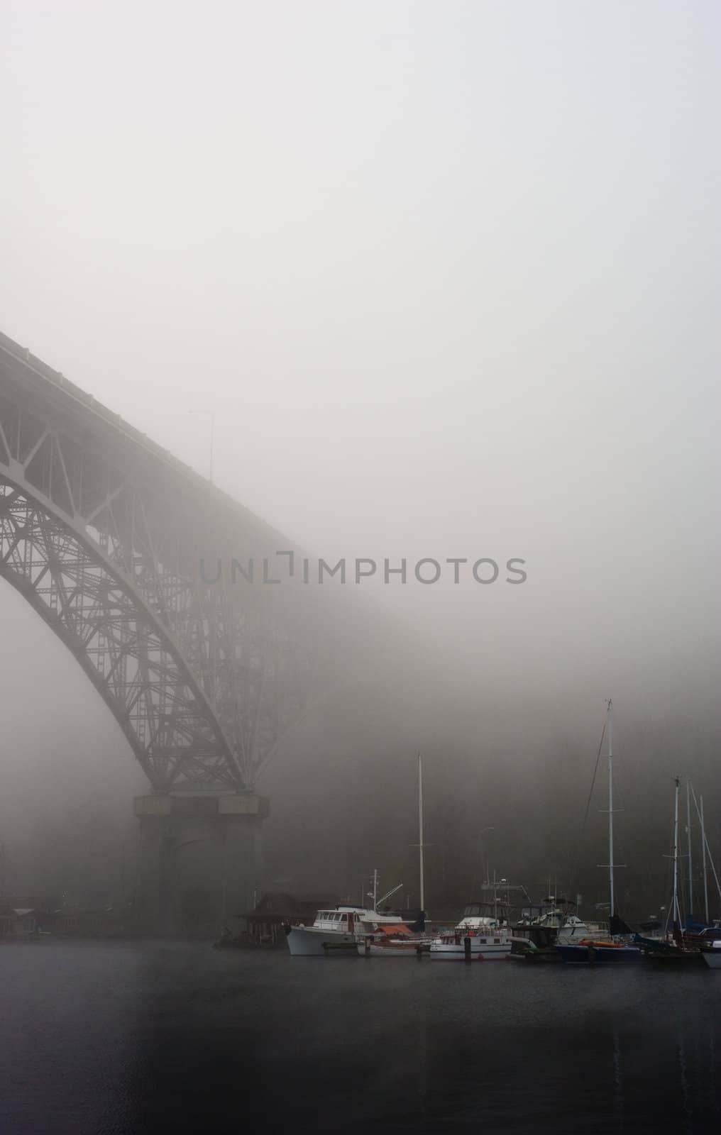 steel bridge and boats in fog