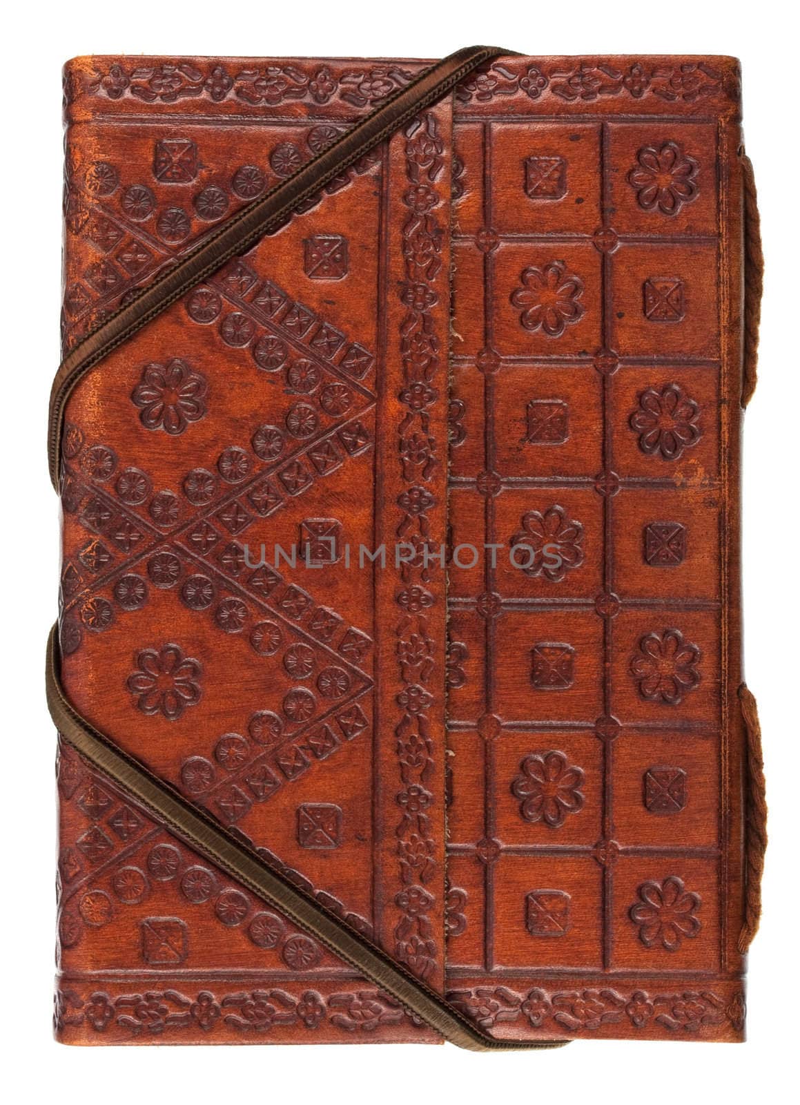 diary or scrapbook in a red stamped leather with geometrical and floral ornaments isolated on white