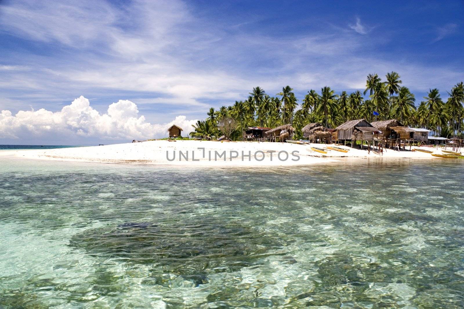 Image of a remote Malaysian tropical island with deep blue skies, crystal clear waters, atap huts and coconut trees.