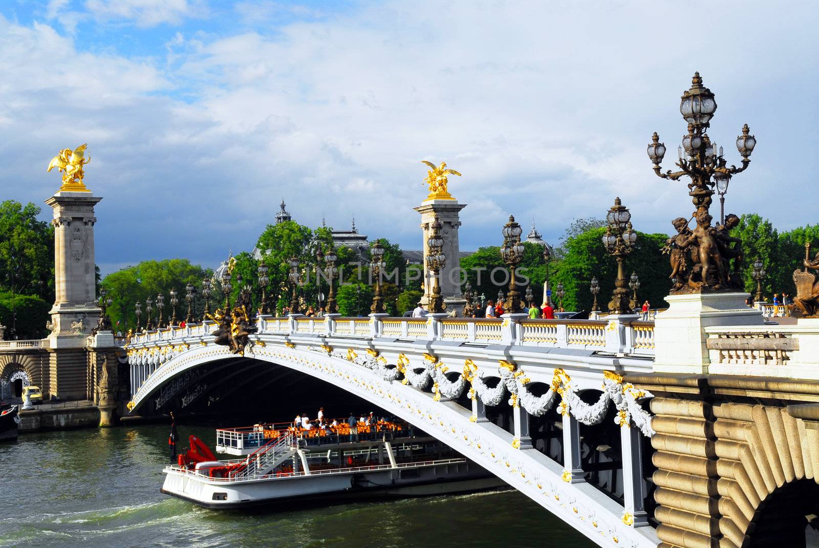 Alexander the Third bridge and Seine cruise boat in Paris, France.