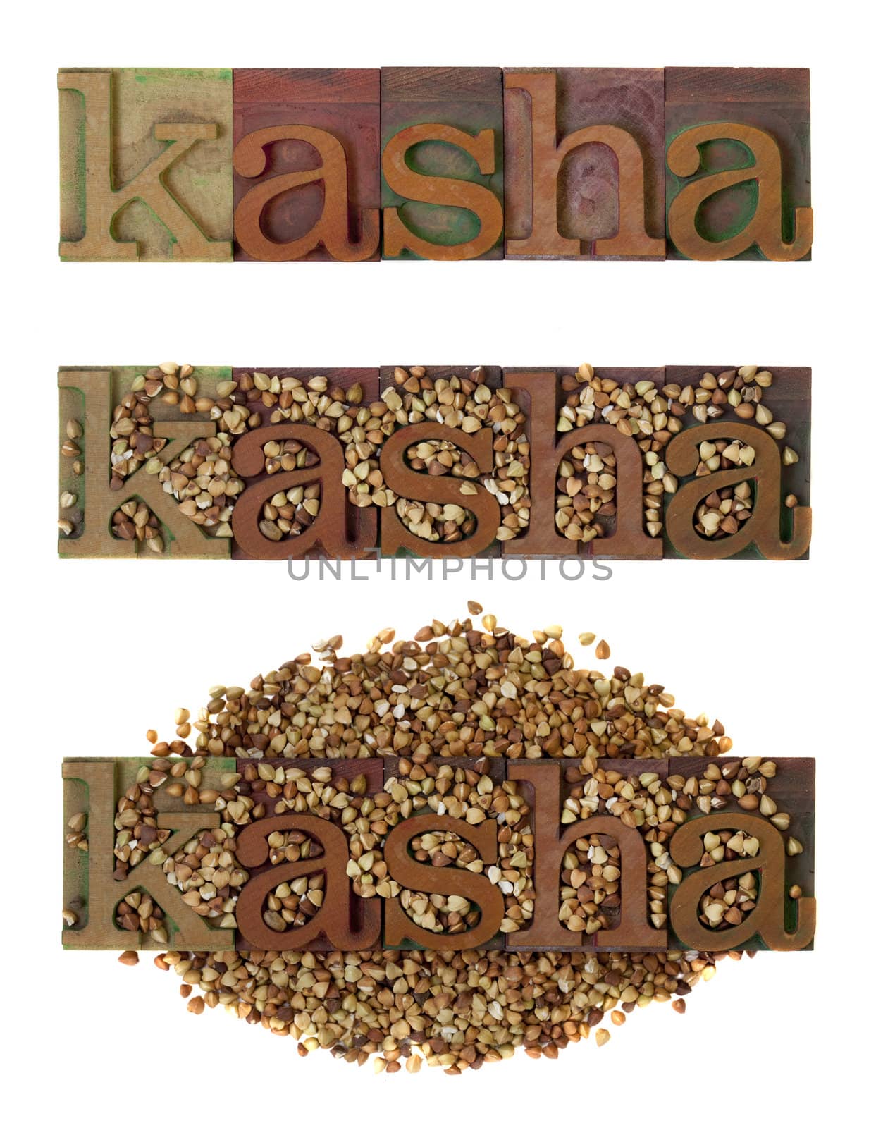 kasha word combined with roasted buckwheat grain, three layouts in vintage wooden letterpress type blocks, stained by color ink, isolated on white