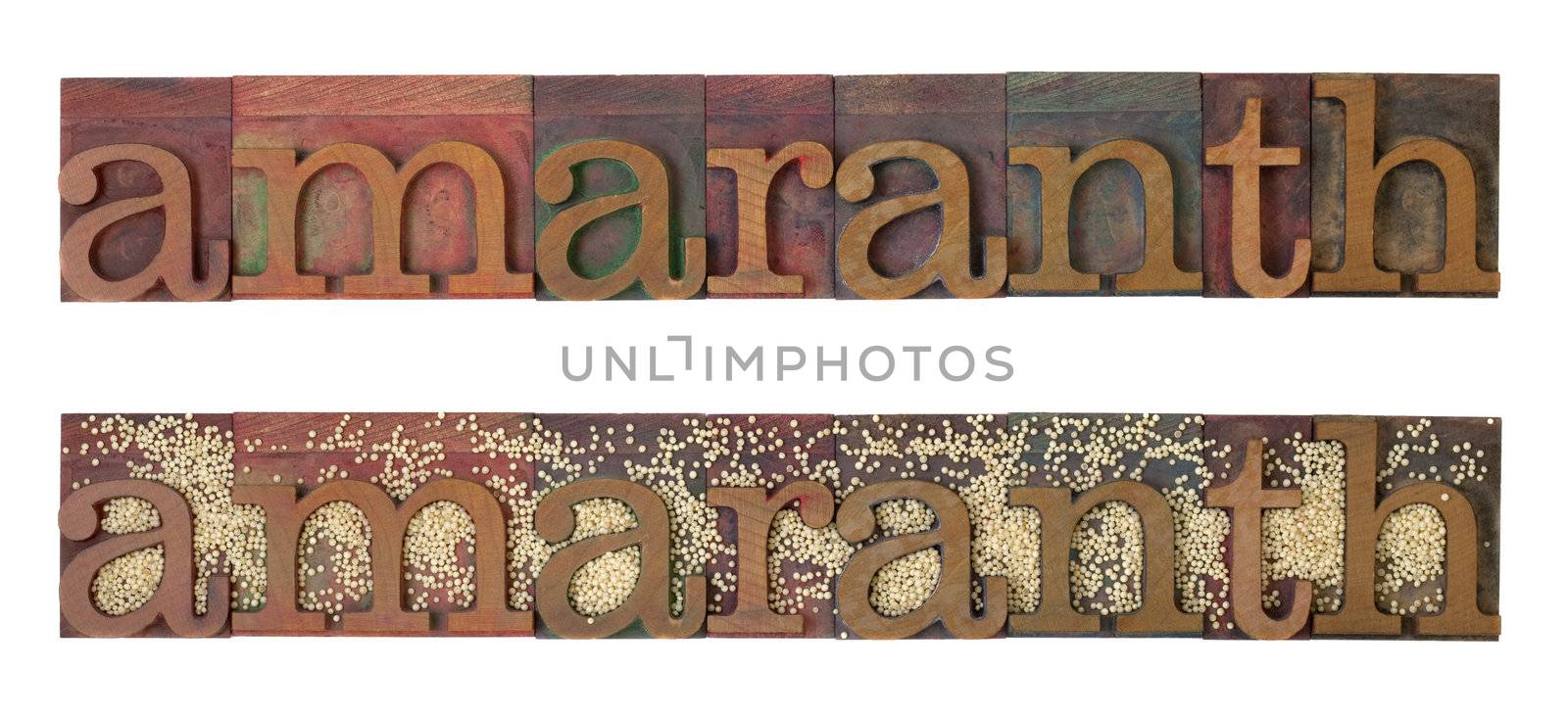 amaranth word combined with grain, two layouts in vintage wooden letterpress type blocks, stained by color ink, isolated on white