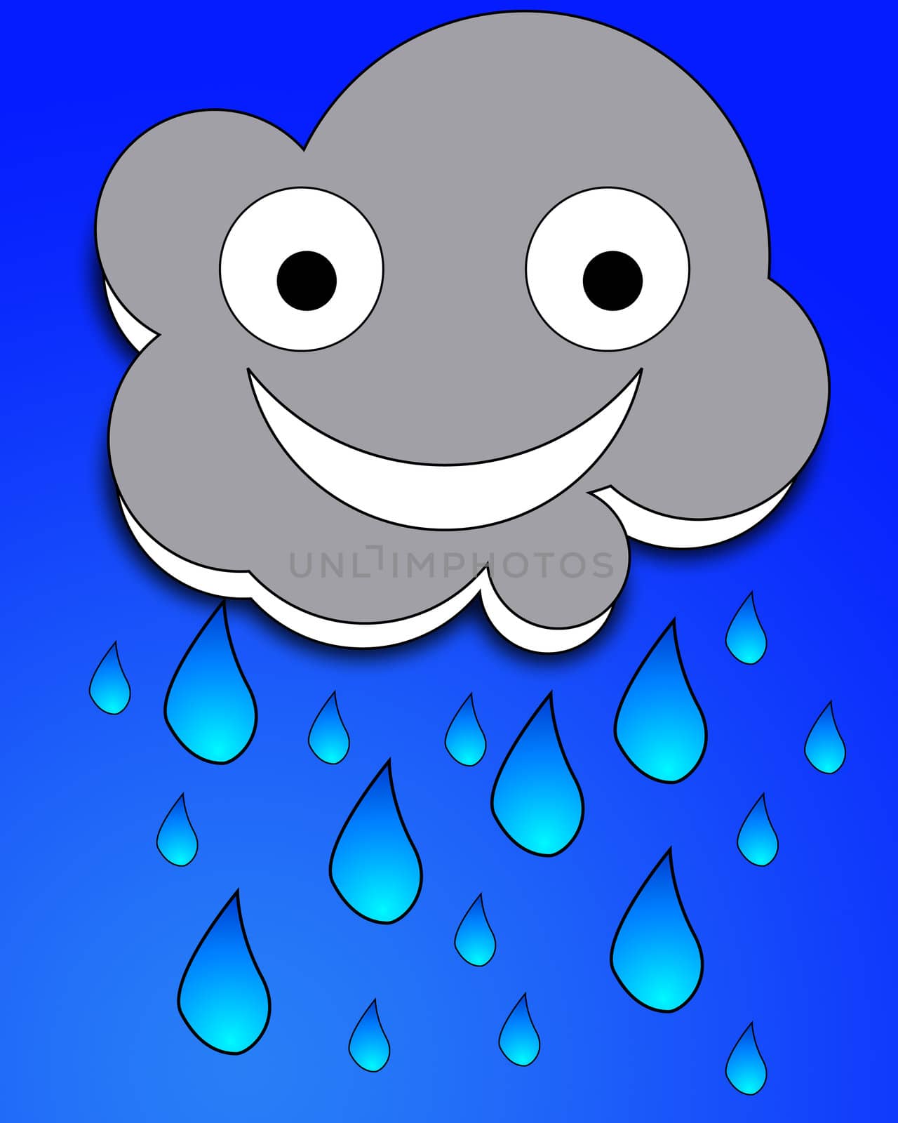 A happy but very rainy cartoon cloud.
