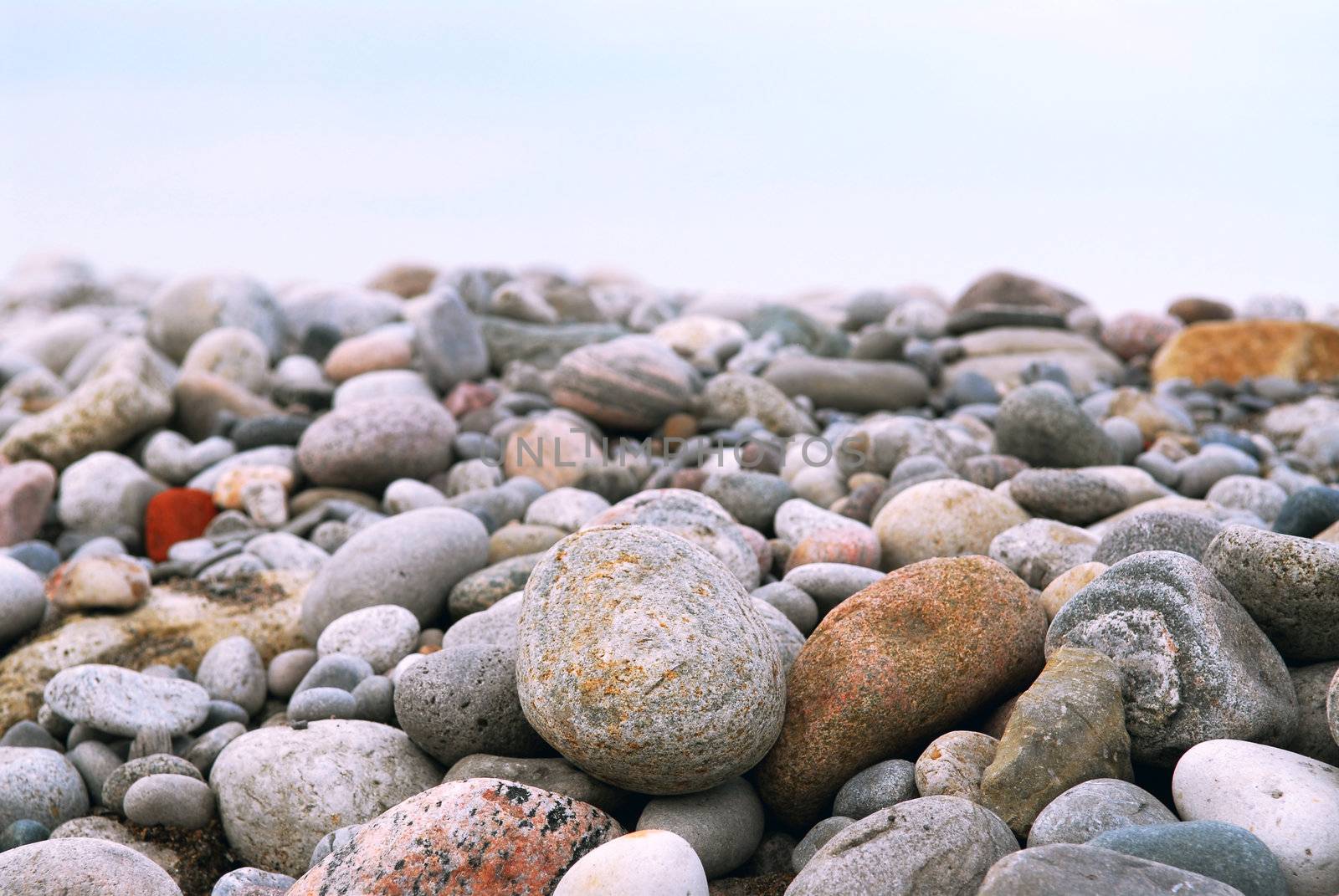 Background of colofrul beach pebbles of different shapes and water