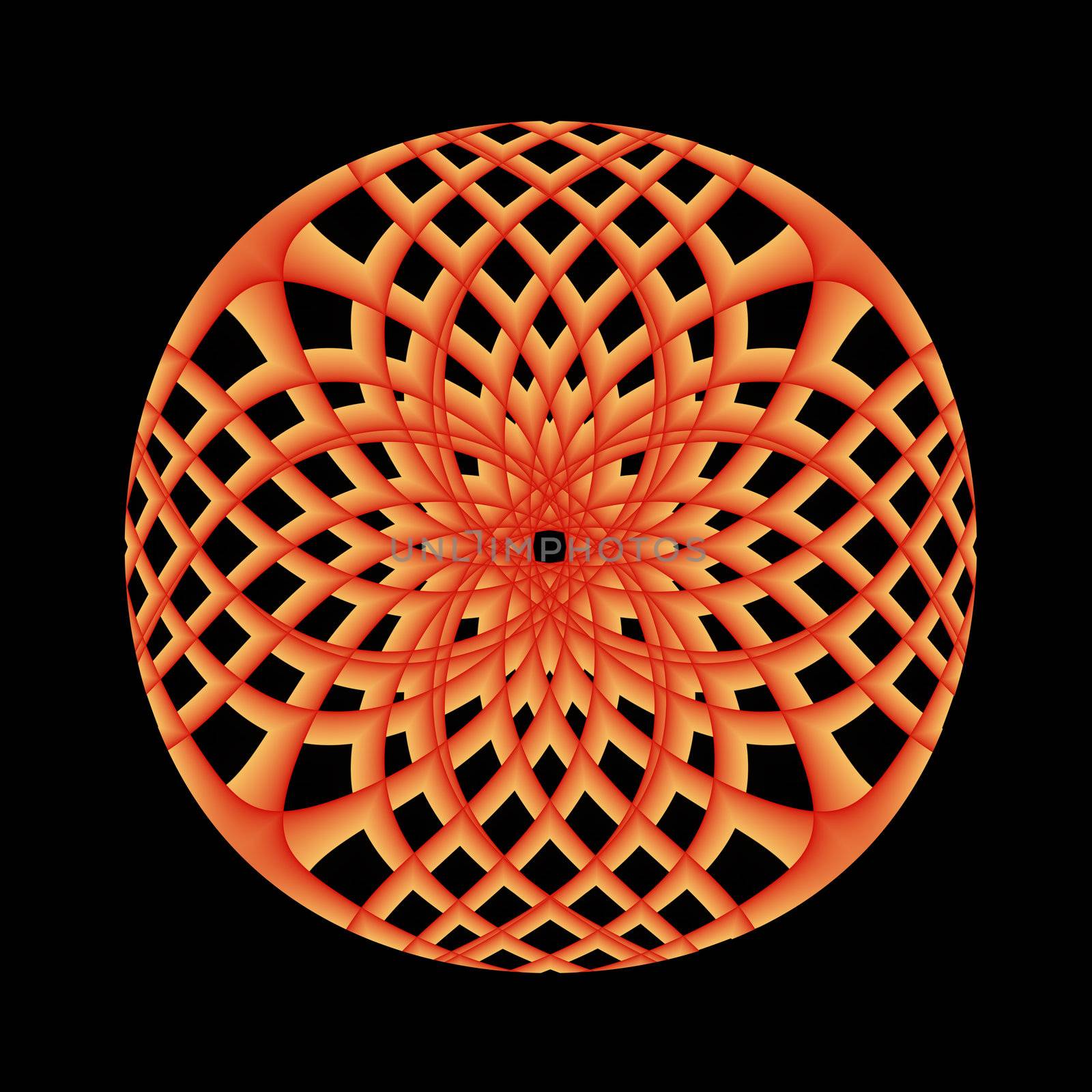 An orange and gold lattice shaped abstract fractal.