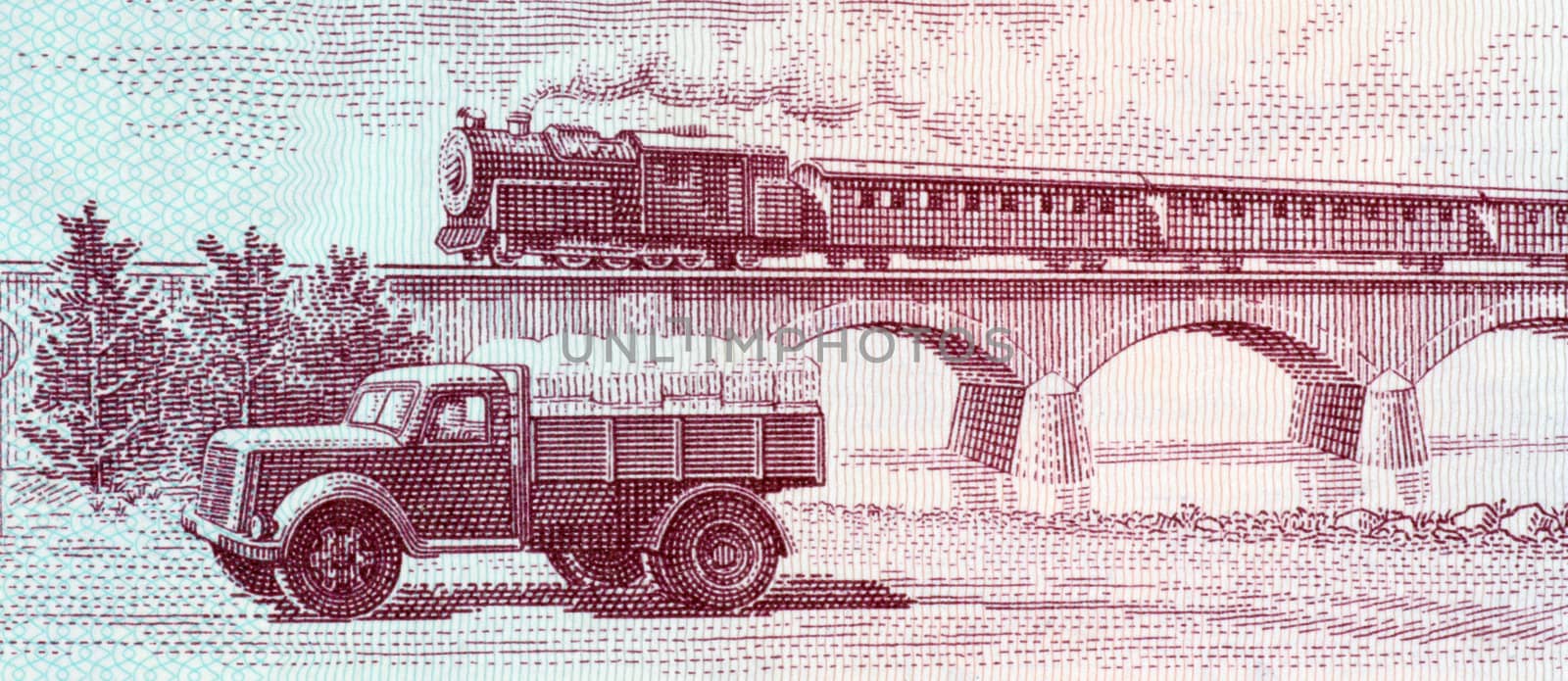 Truck and steam passenger train crossing viaduct on 5 leke 1976 banknote from Albania