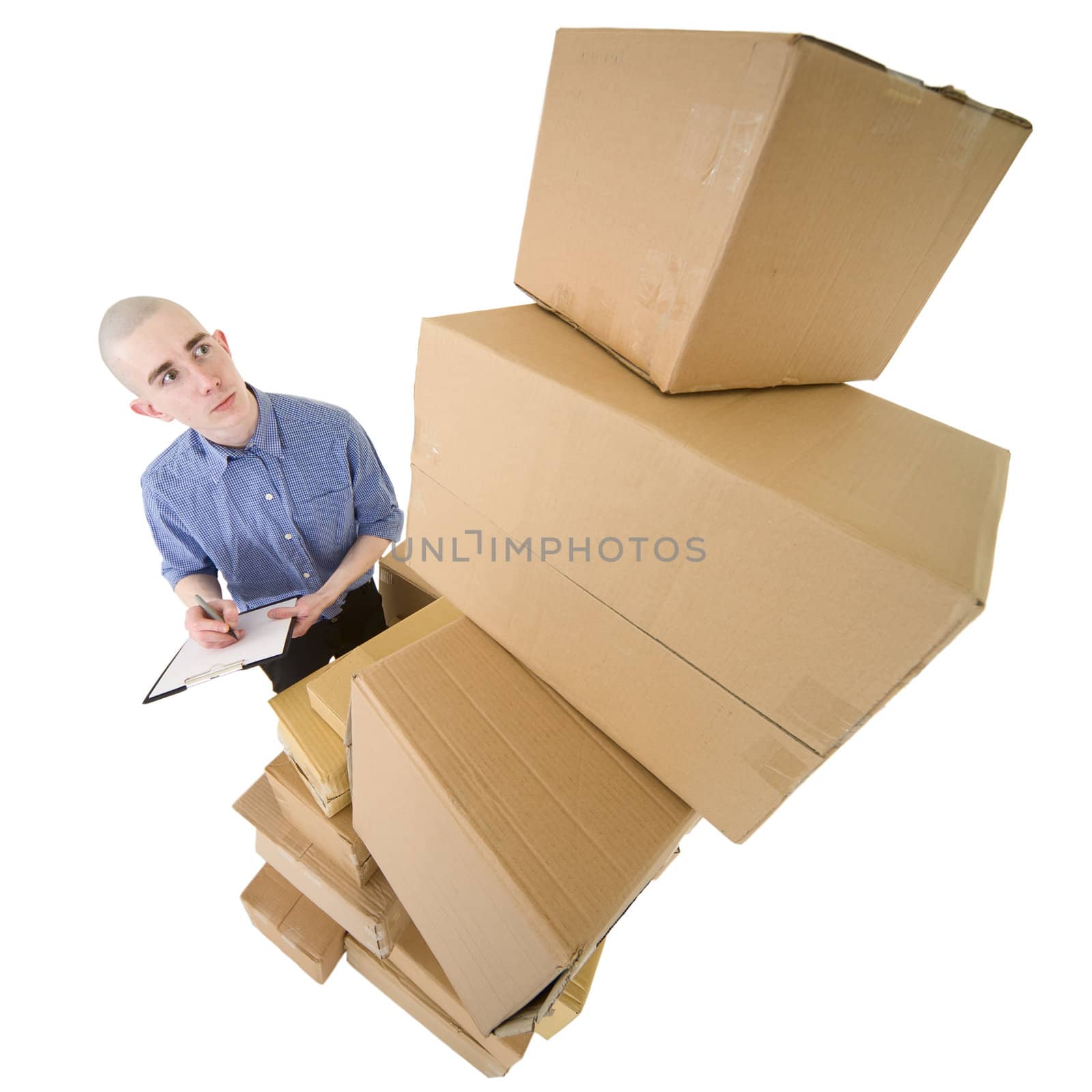 Man looking on pile cardboard boxes on white