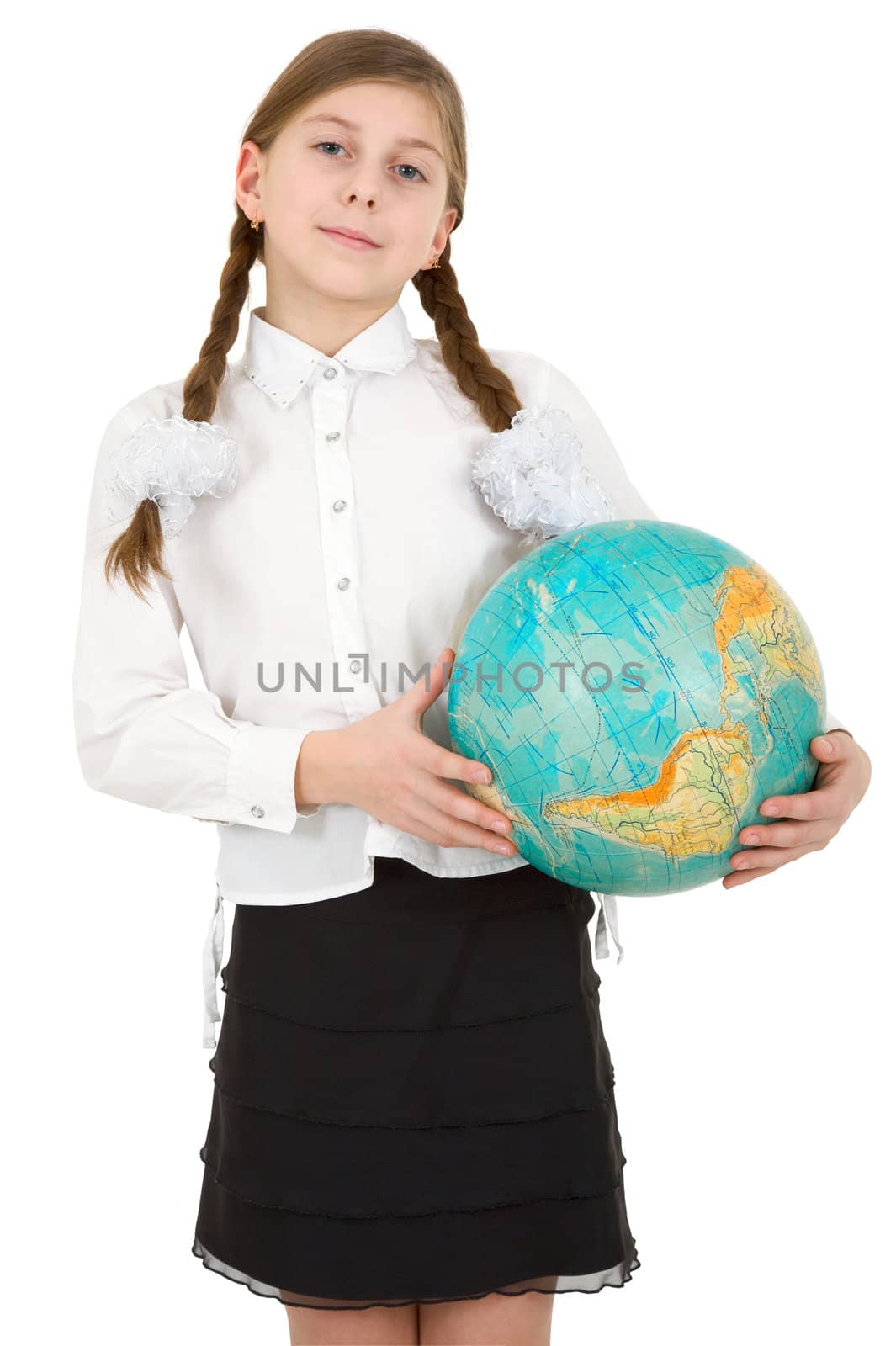 Schoolgirl hold blue terrestrial globe on white