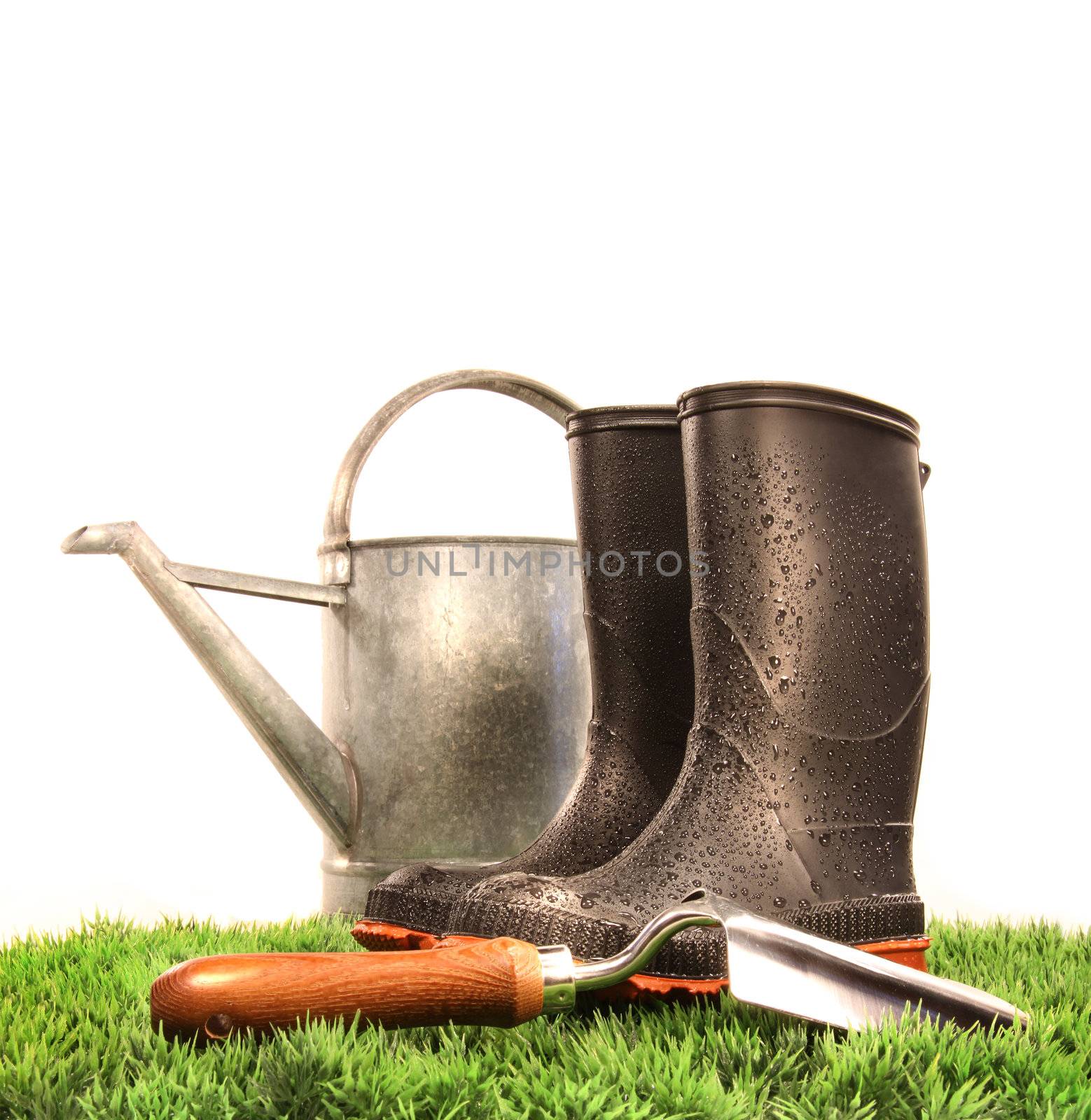 Garden boots with tool and watering can on grass